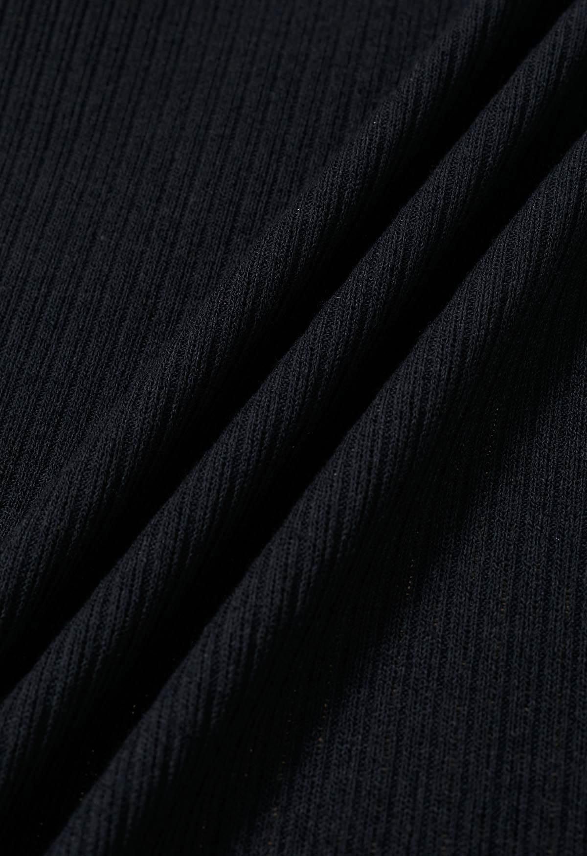 Sequin Mesh Sleeves Mock Neck Knit Top in Black
