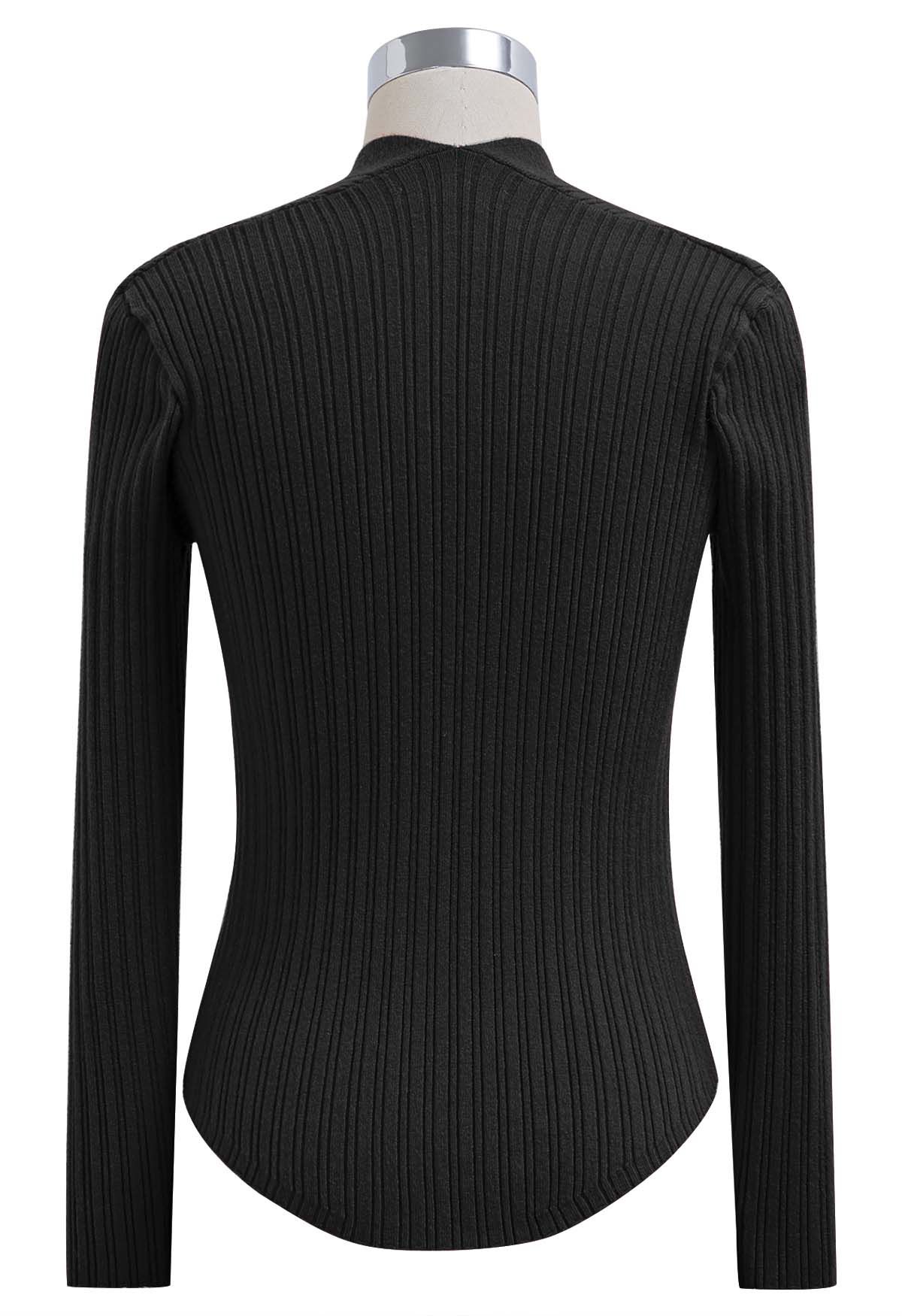 Button Embellished Square Neck Knit Top in Black