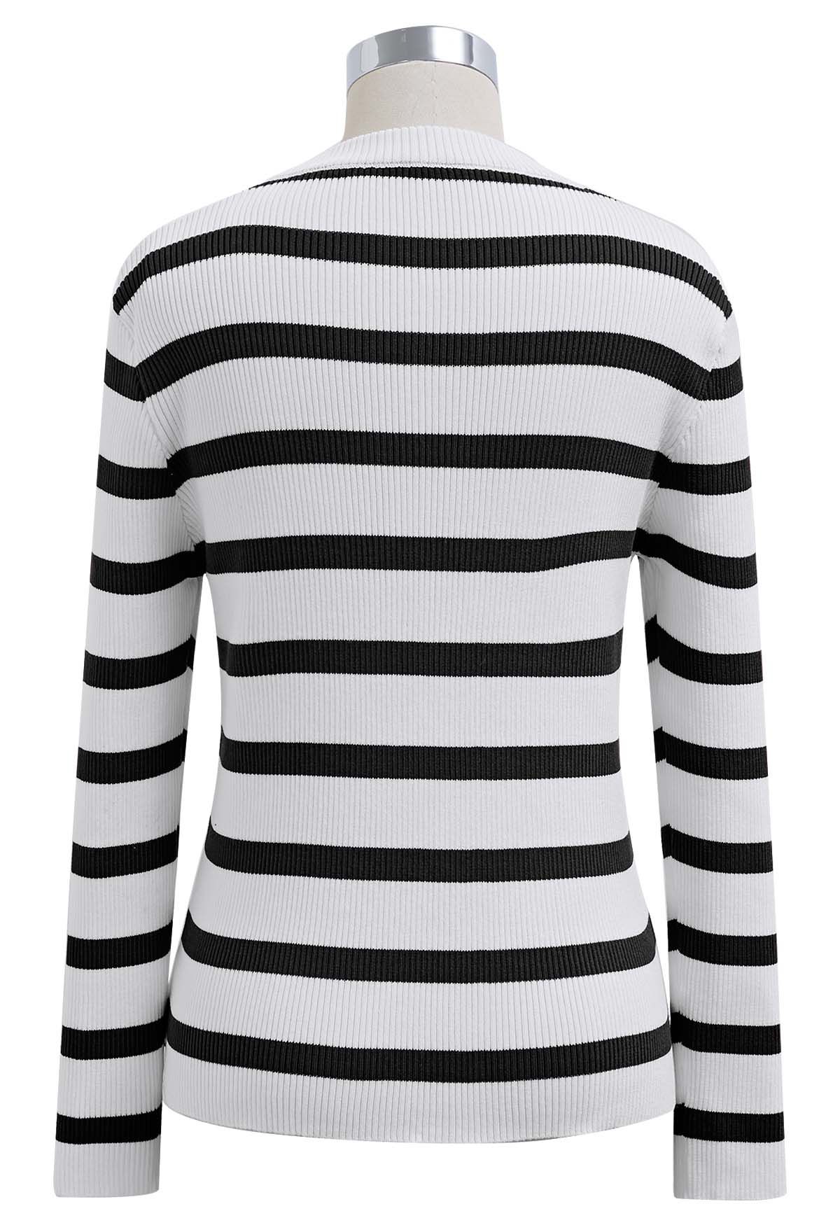 Heart Cut Out Stripe Knit Top in Black