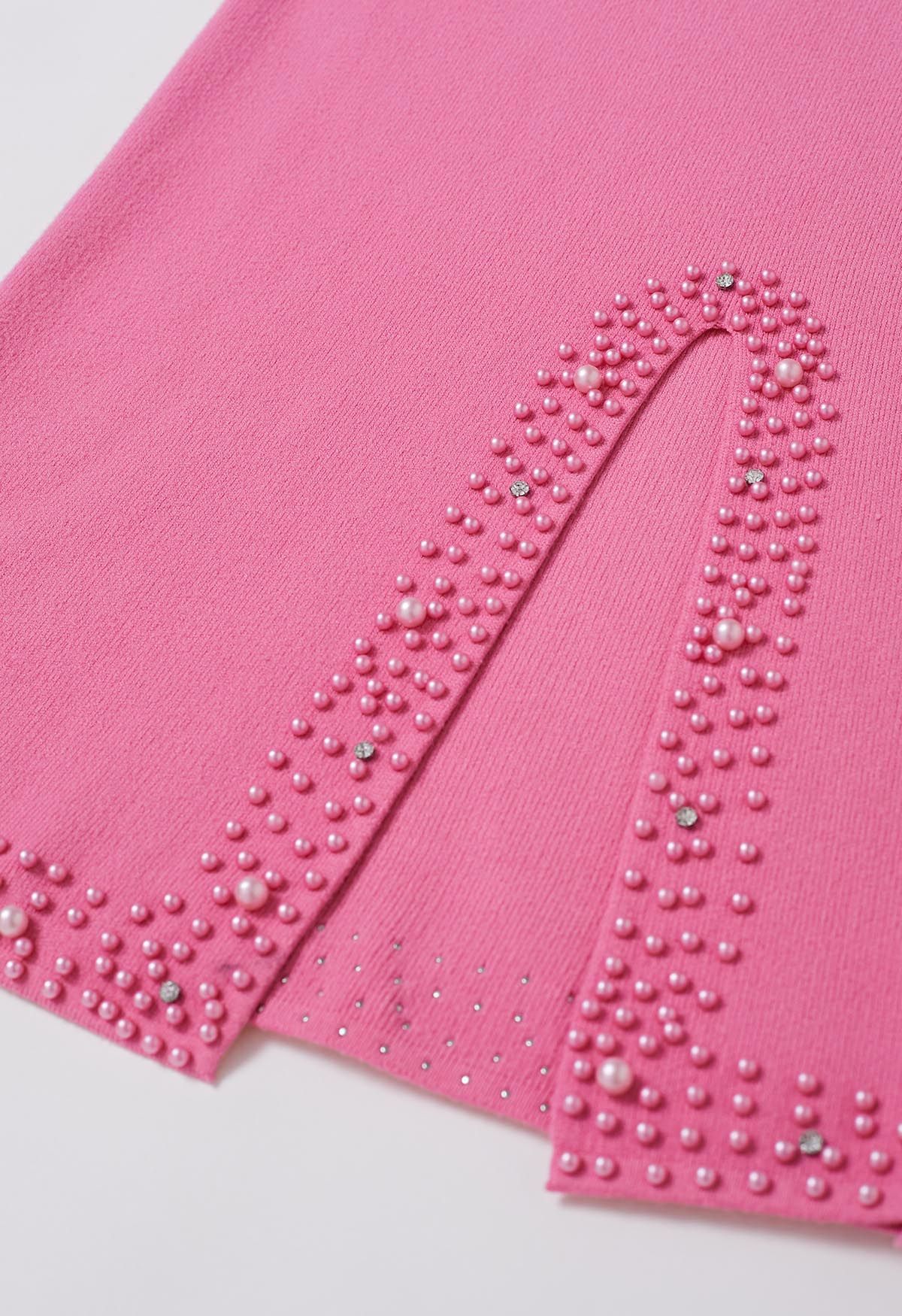 Pearl Embellished Slit Hem Knit Pencil Skirt in Hot Pink