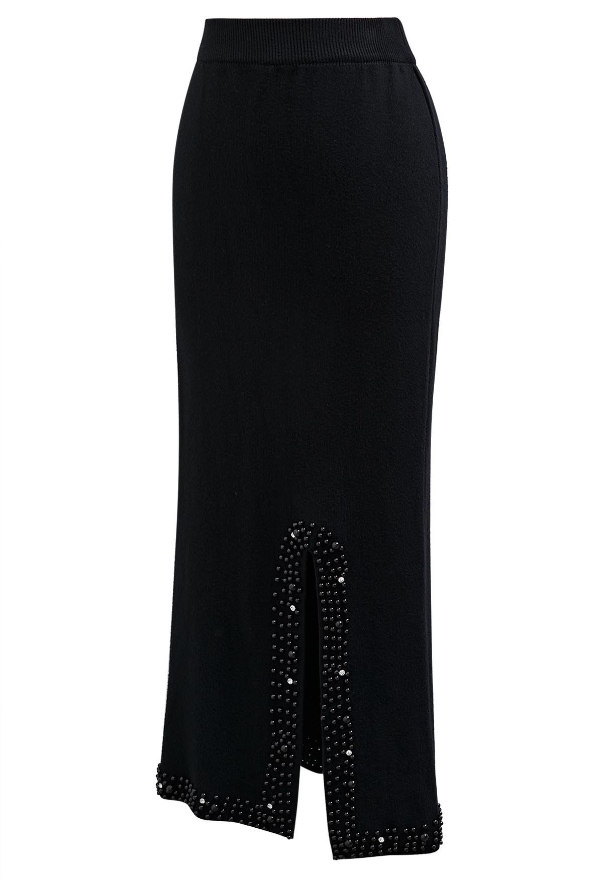 Pearl Embellished Slit Hem Knit Pencil Skirt in Black