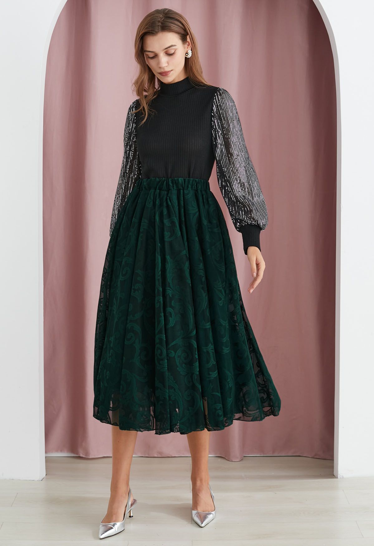 Sophisticated Floral Mesh Tulle Midi Skirt in Dark Green