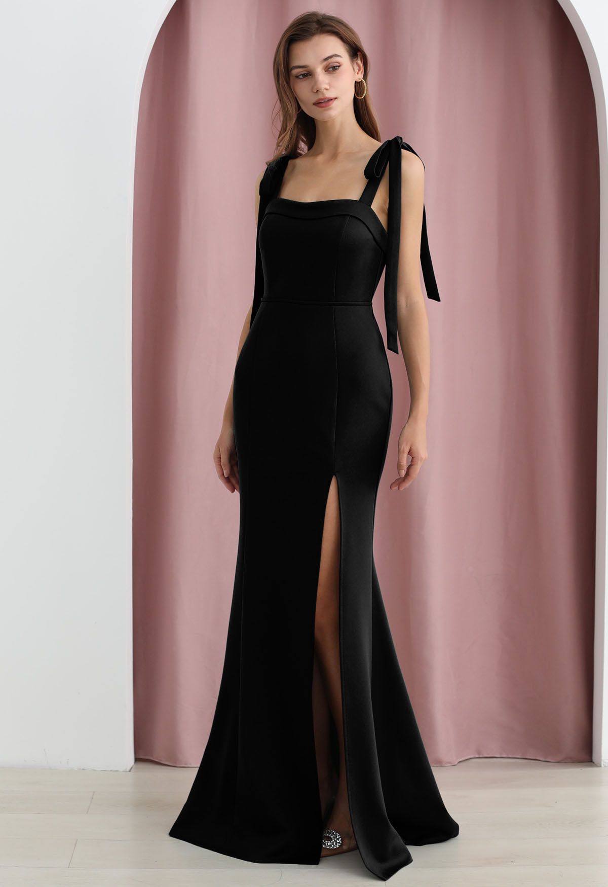 Tie-Shoulder High Slit Maxi Gown in Black