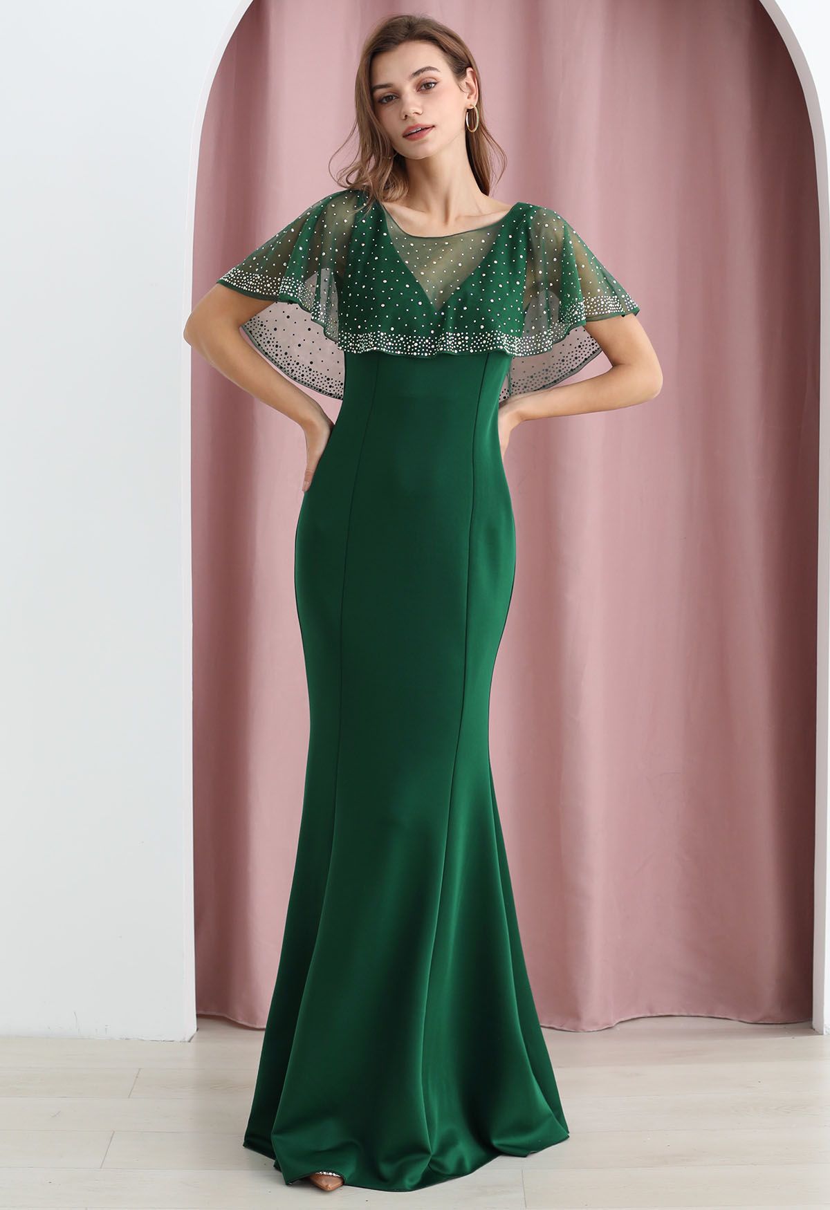 Glittering Sleeveless Twinset Mermaid Gown in Dark Green