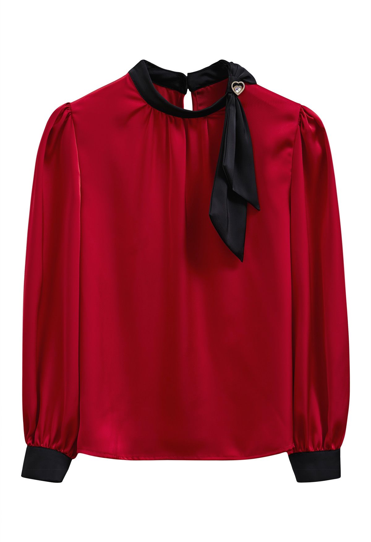 Contrast Ribbon Embellished Satin Top in Red