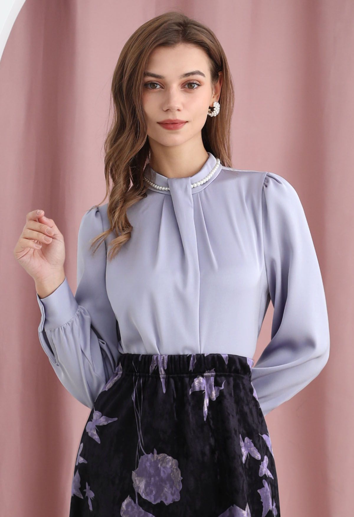 Pearl Neckline Glam Satin Top in Lilac