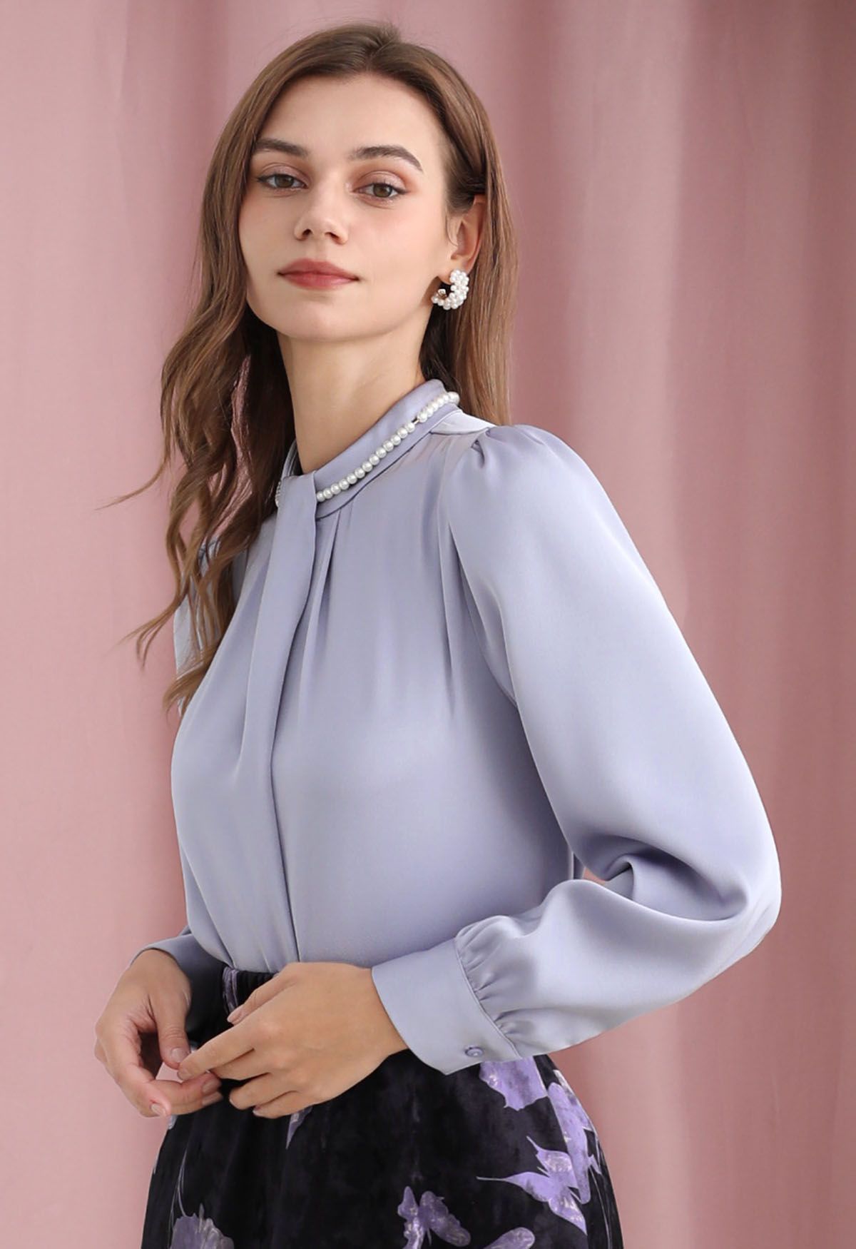 Pearl Neckline Glam Satin Top in Lilac