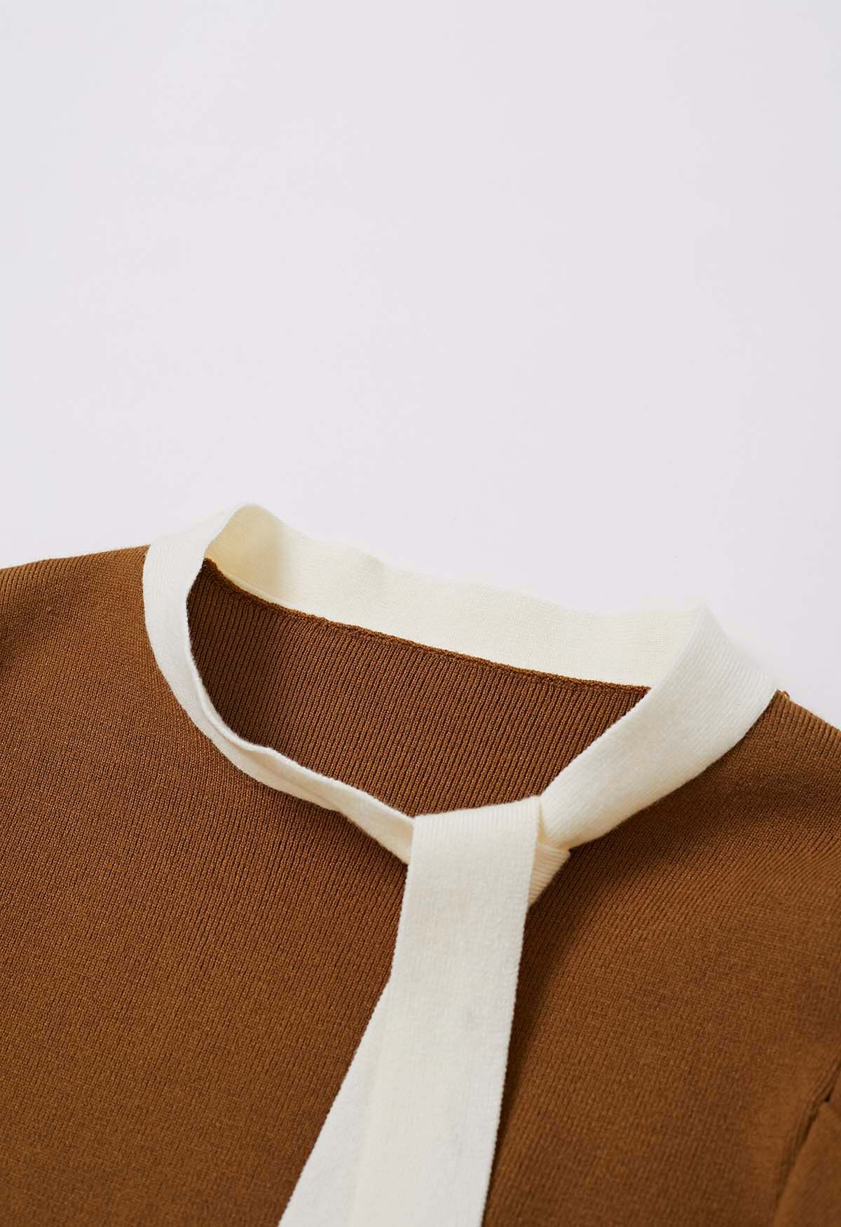 Gigot Sleeve Ribbon Adorned Knit Top in Caramel