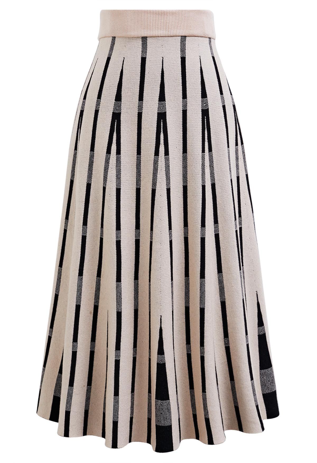 Trendsetting Striped Knit Midi Skirt in Sand