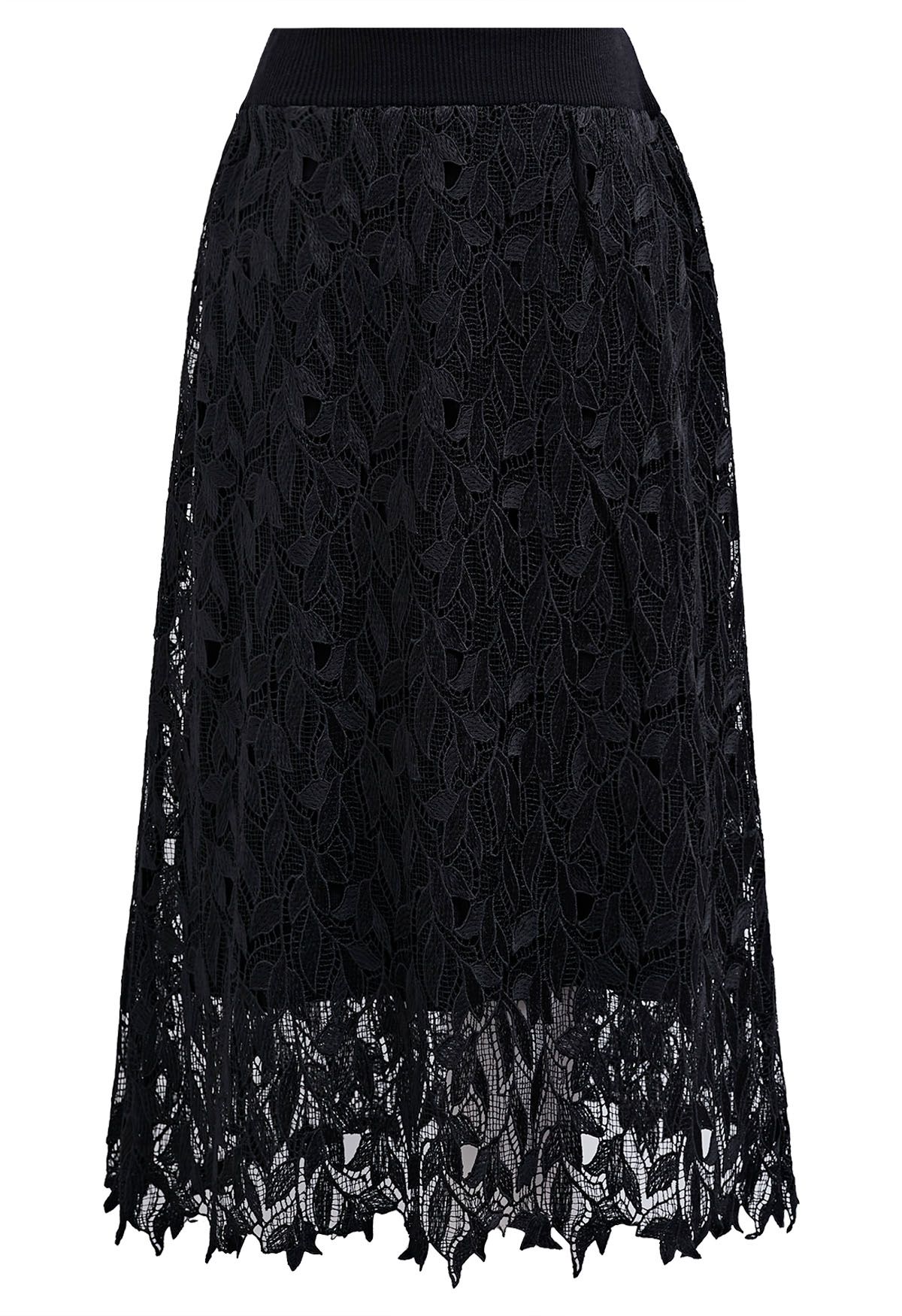 Cutwork Lace Overlay Knit Midi Skirt in Black