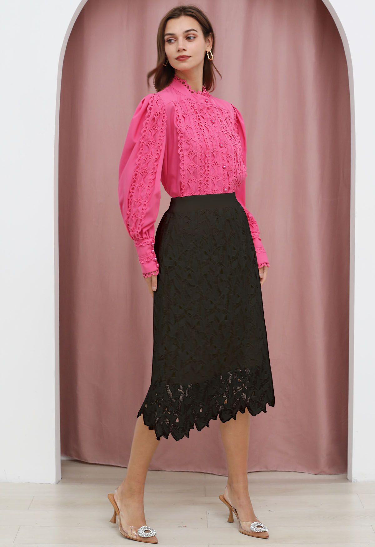 Cutwork Lace Overlay Knit Midi Skirt in Black