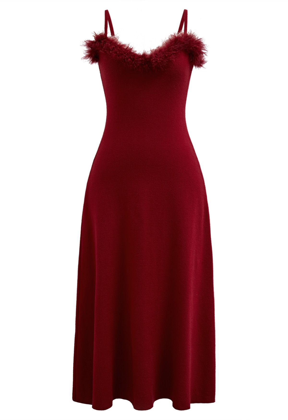 Detachable Feather Trim Knit Cami Dress in Red