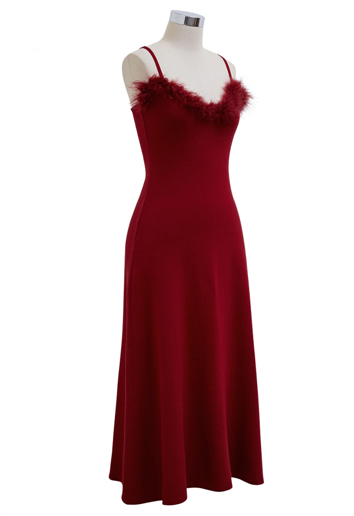 Detachable Feather Trim Knit Cami Dress in Red