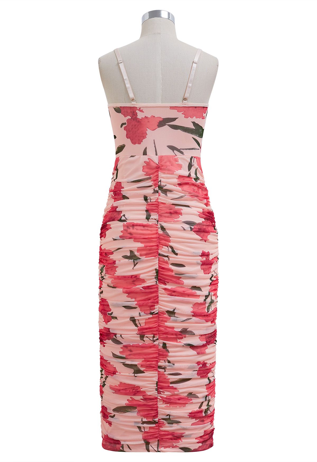 Pink Floral Ruched Mesh Cami Dress