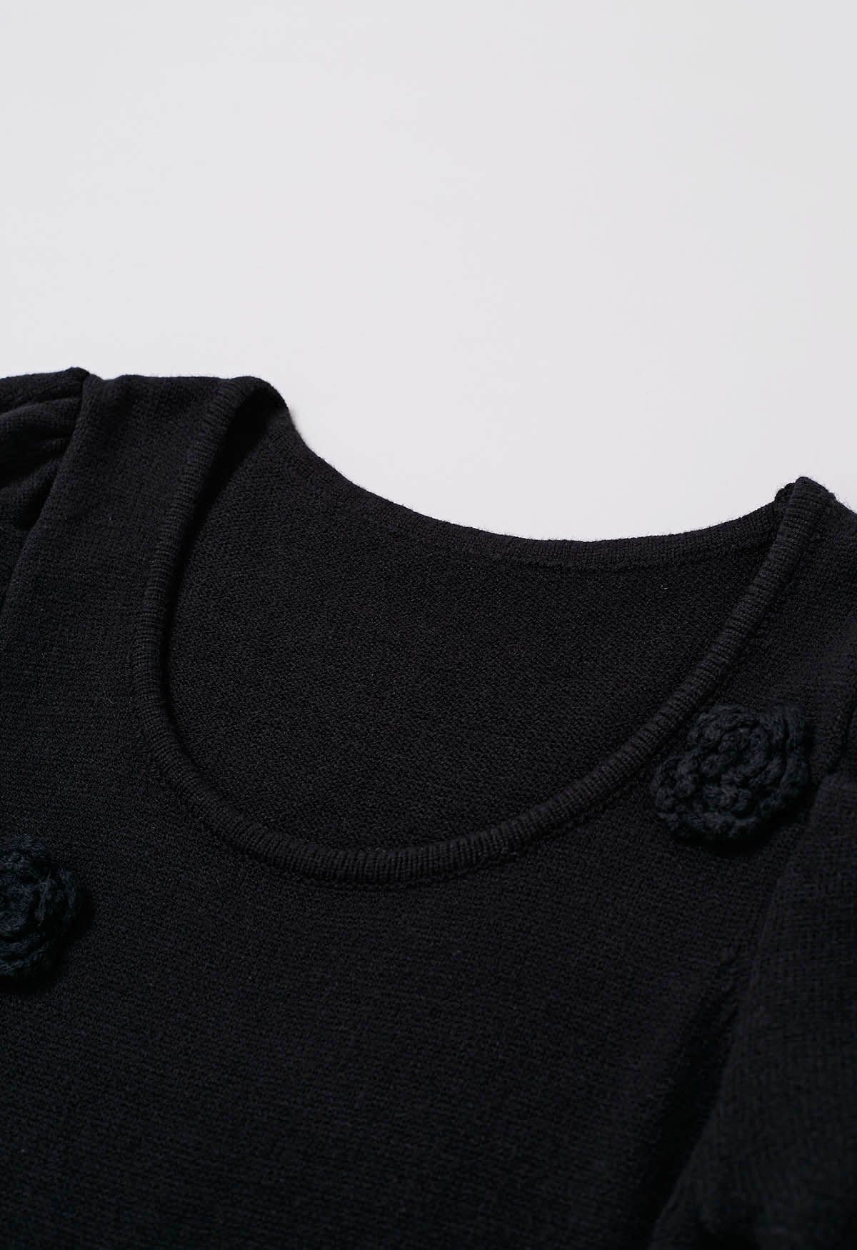 Scoop Neck Stitch Flower Knit Dress in Black