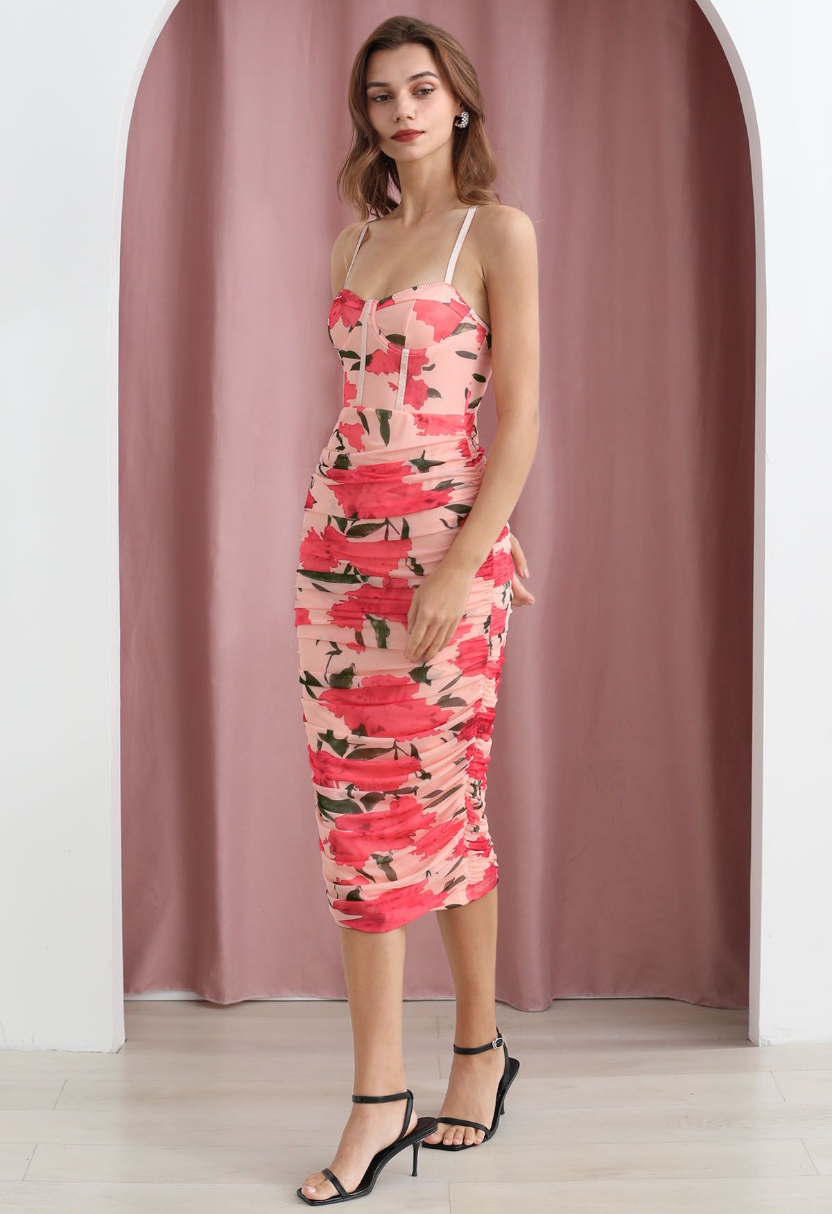 Pink Floral Ruched Mesh Cami Dress