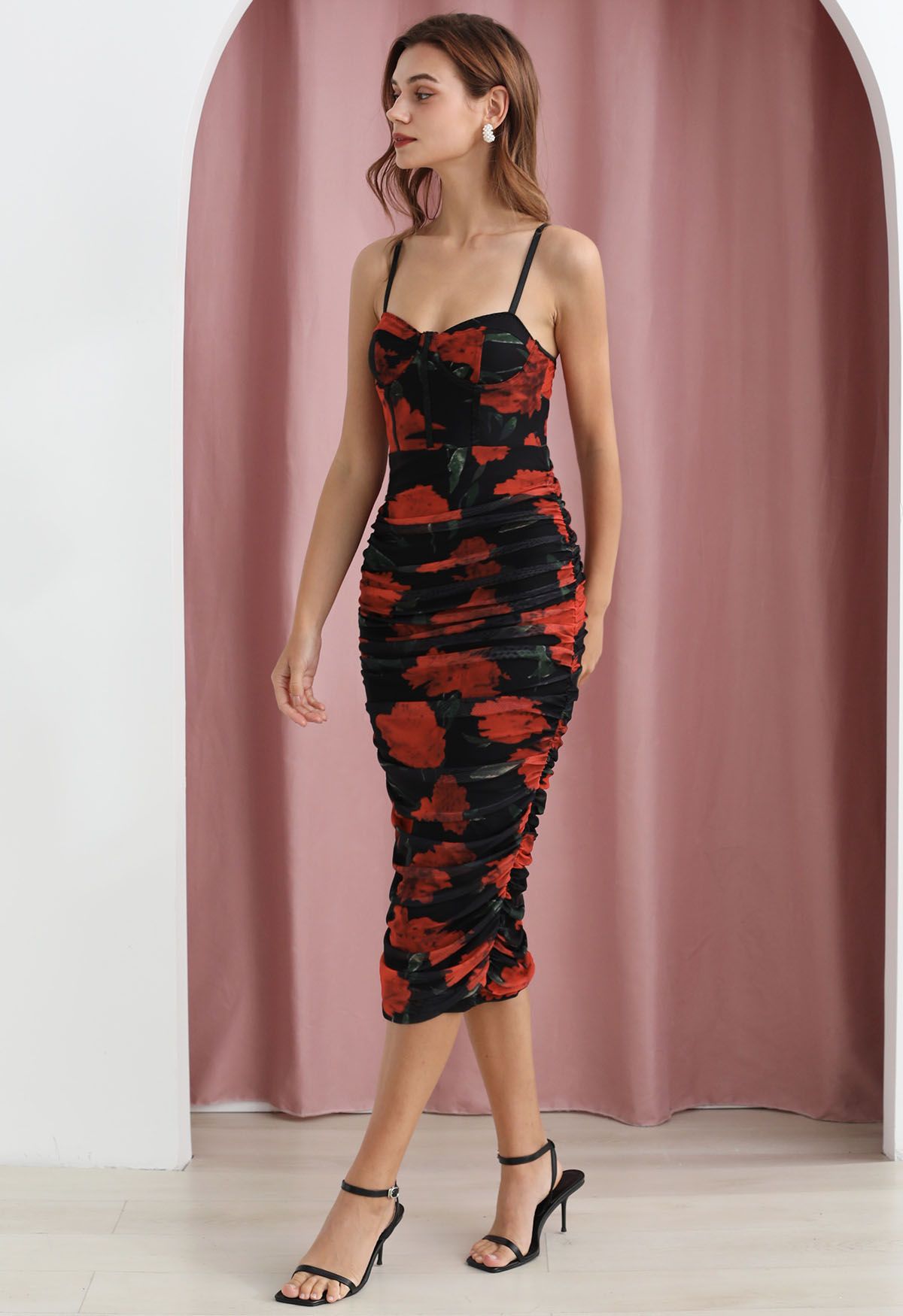 Red Floral Ruched Mesh Cami Dress