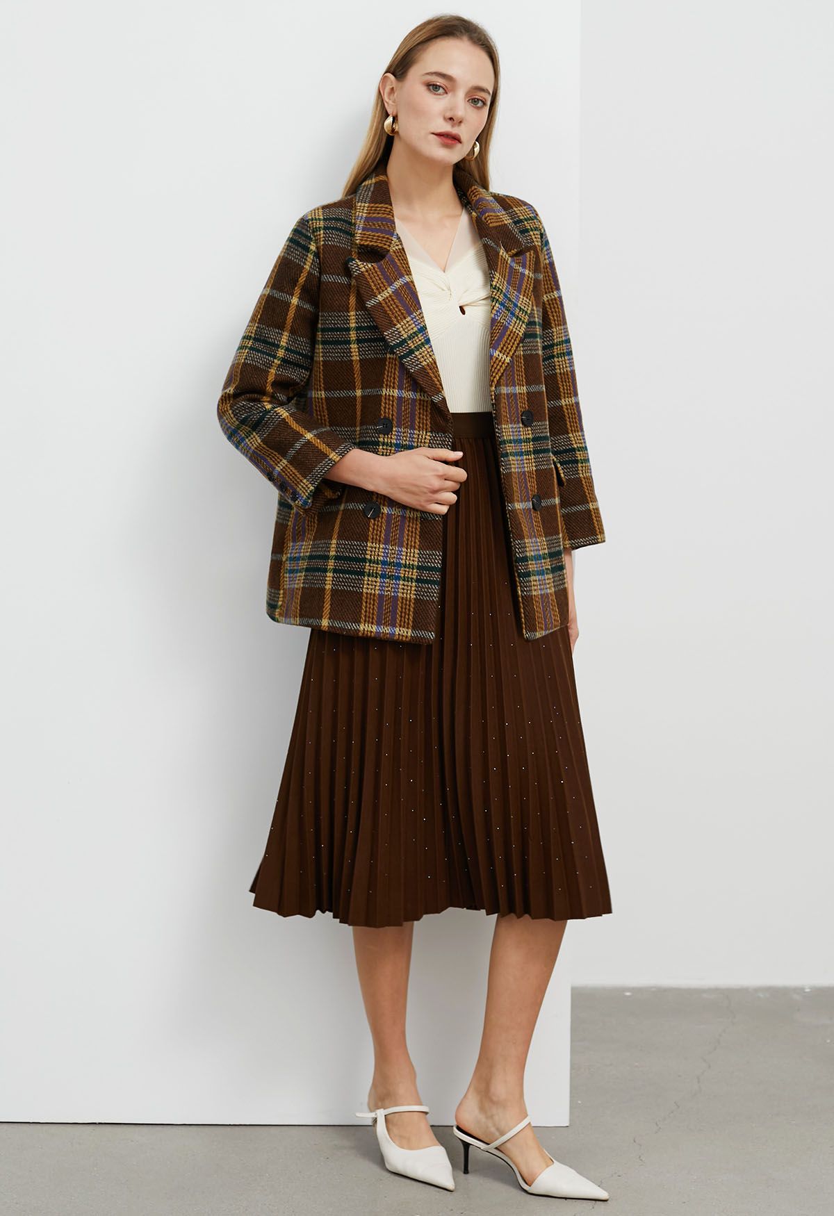Brown Plaid Double-Breasted Blazer