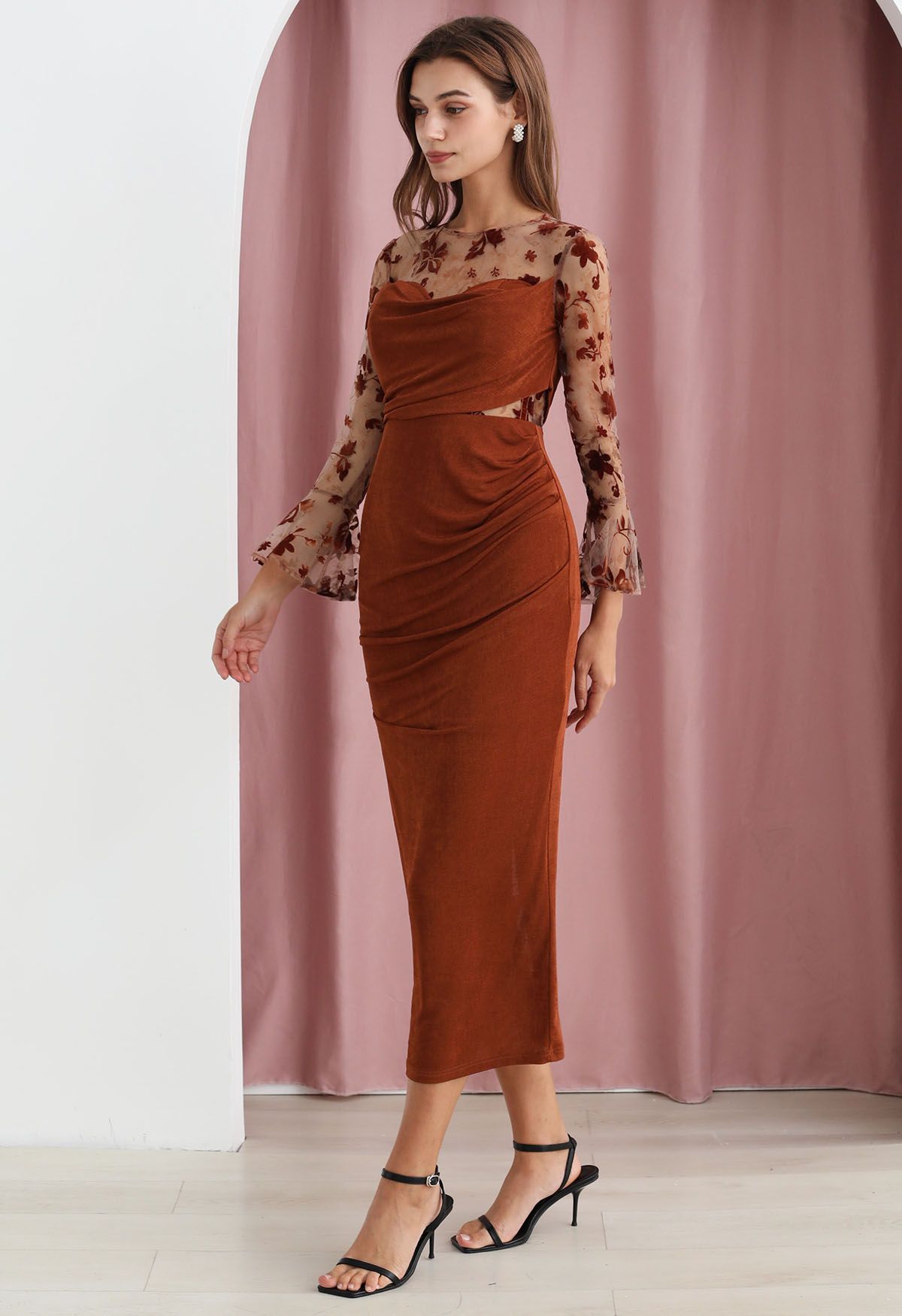 Velvet Floral Mesh Spliced Ruched Bodycon Dress in Pumpkin