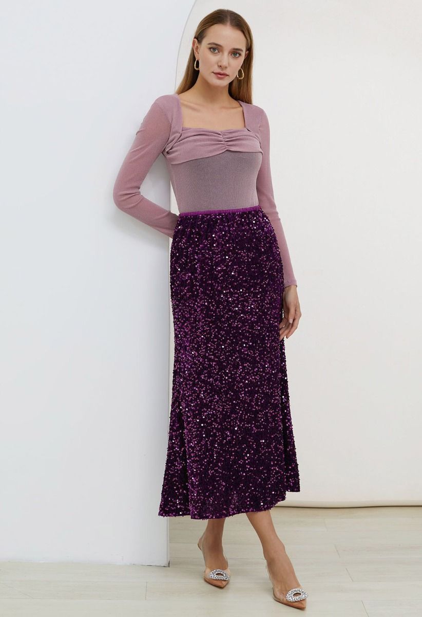 Dazzling Dream Sequin Velvet Maxi Skirt in Purple