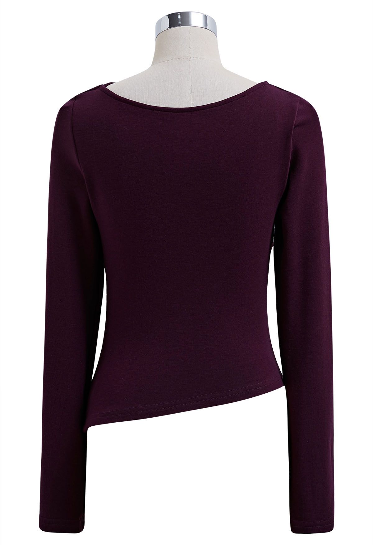 Asymmetric Neck Ruched Long Sleeve Top in Purple