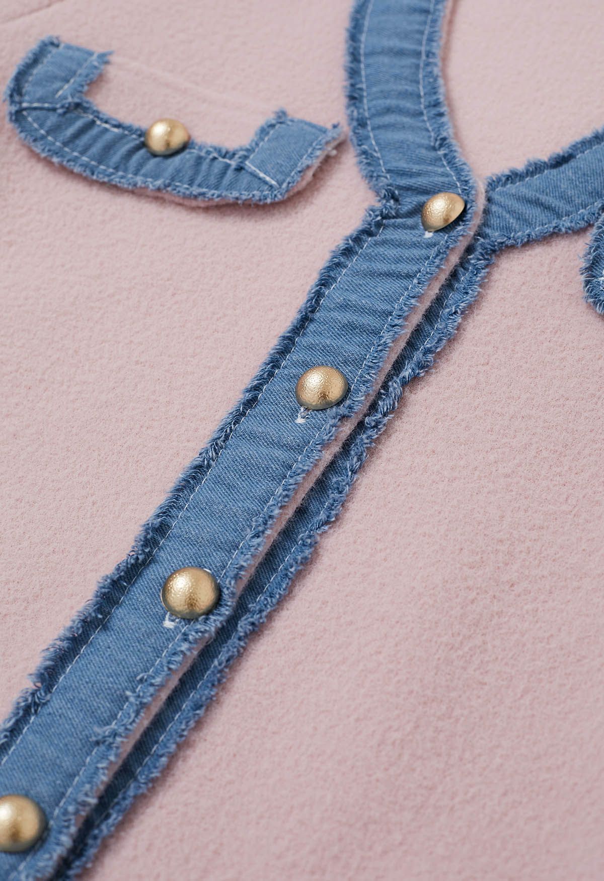 Frayed Denim Edge Spliced Button Knit Cardigan in Pink