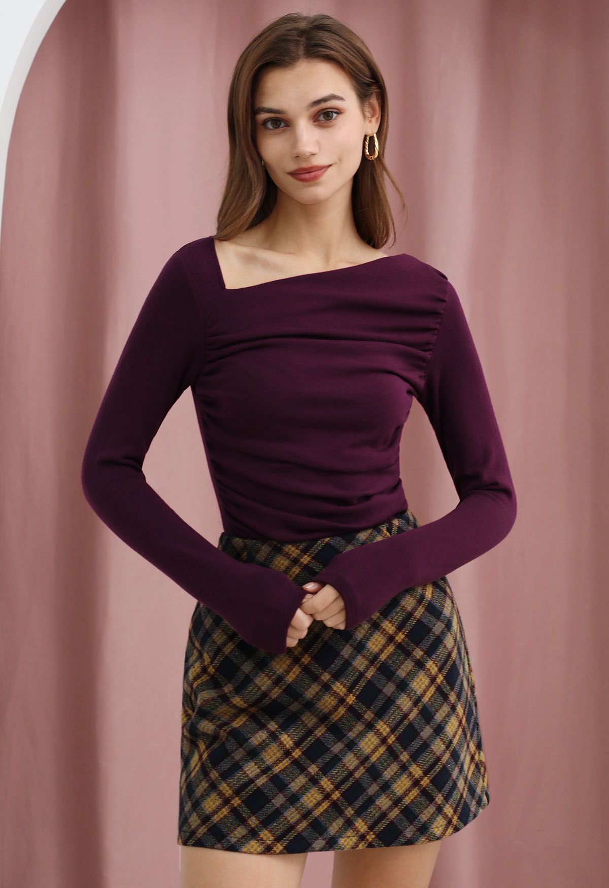 Asymmetric Neck Ruched Long Sleeve Top in Purple