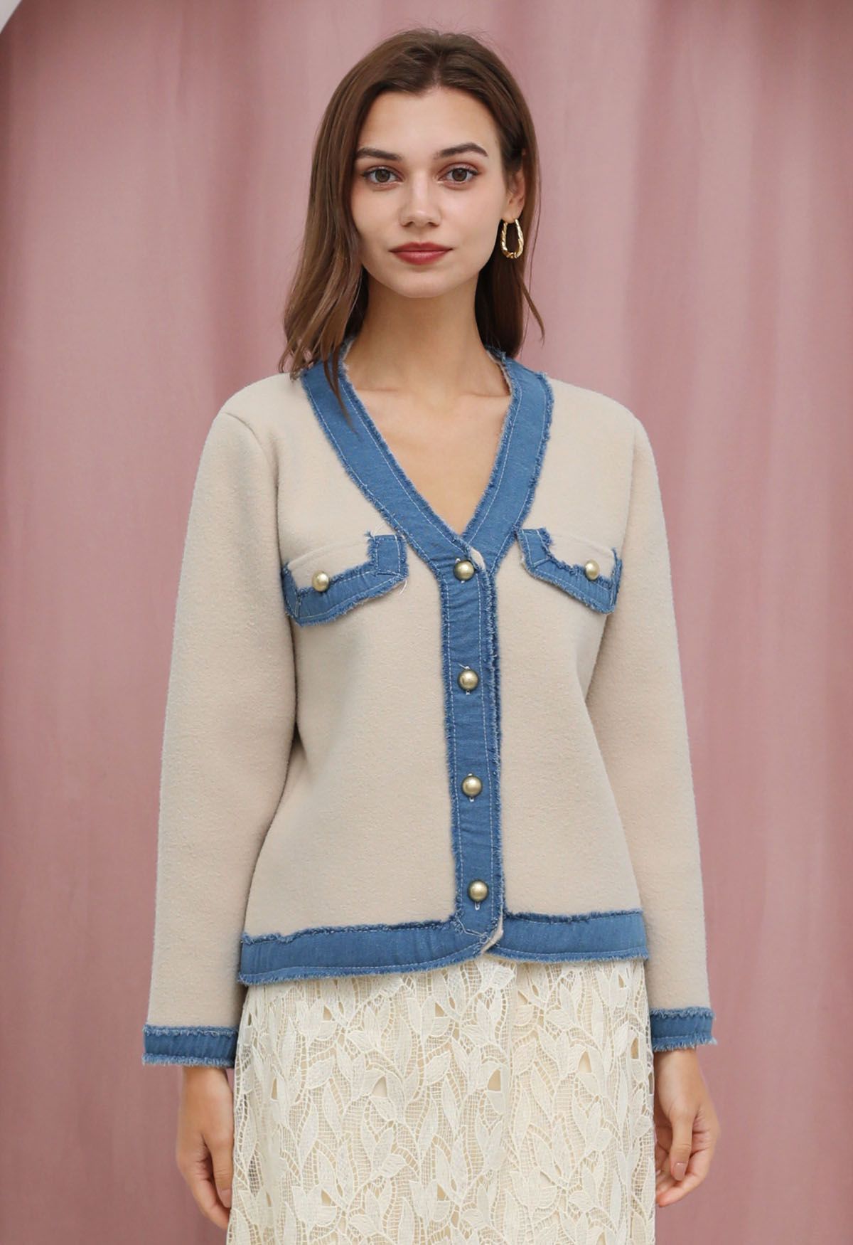 Frayed Denim Edge Spliced Button Knit Cardigan in Cream