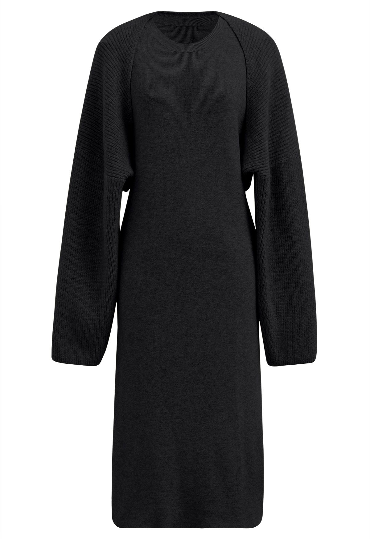 Casual Wool-Blend Sleeveless Knit Dress and Sweater Sleeve Set in Black