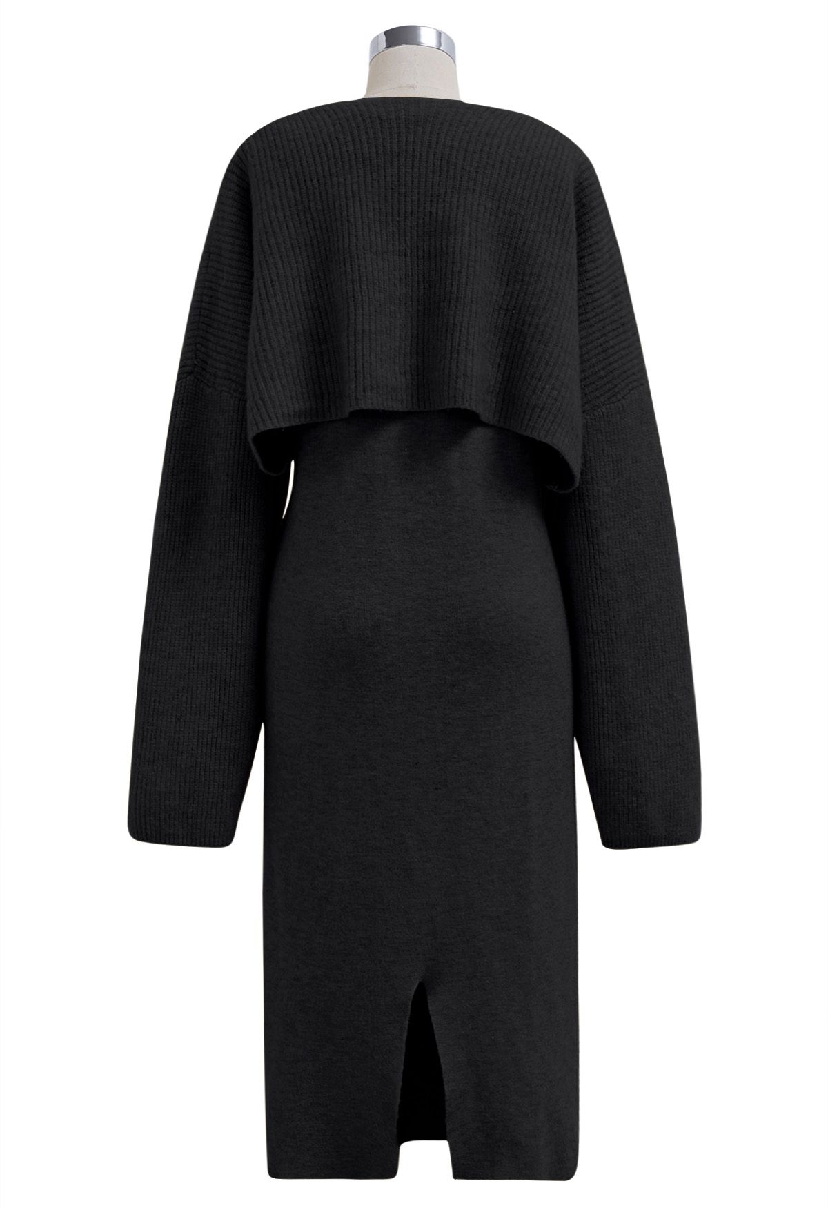 Casual Wool-Blend Sleeveless Knit Dress and Sweater Sleeve Set in Black