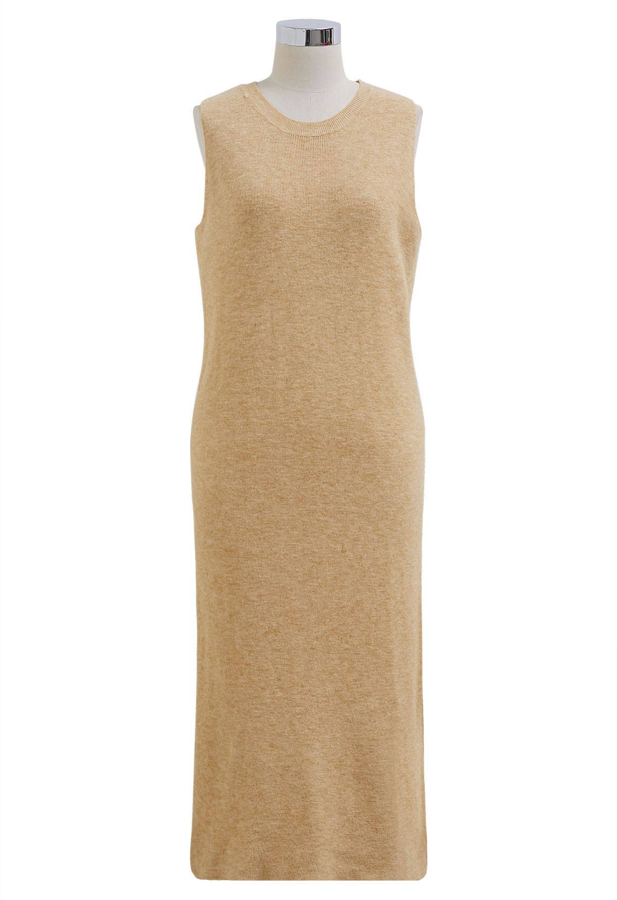 Casual Wool-Blend Sleeveless Knit Dress and Sweater Sleeve Set in Camel
