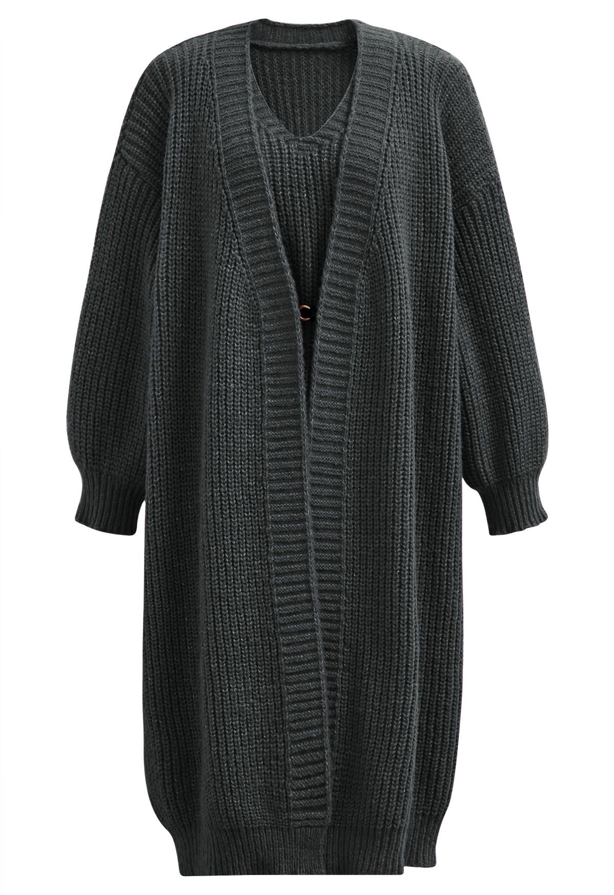 Effortless V-Neck Sleeveless Knit Dress and Longline Cardigan Set in Smoke