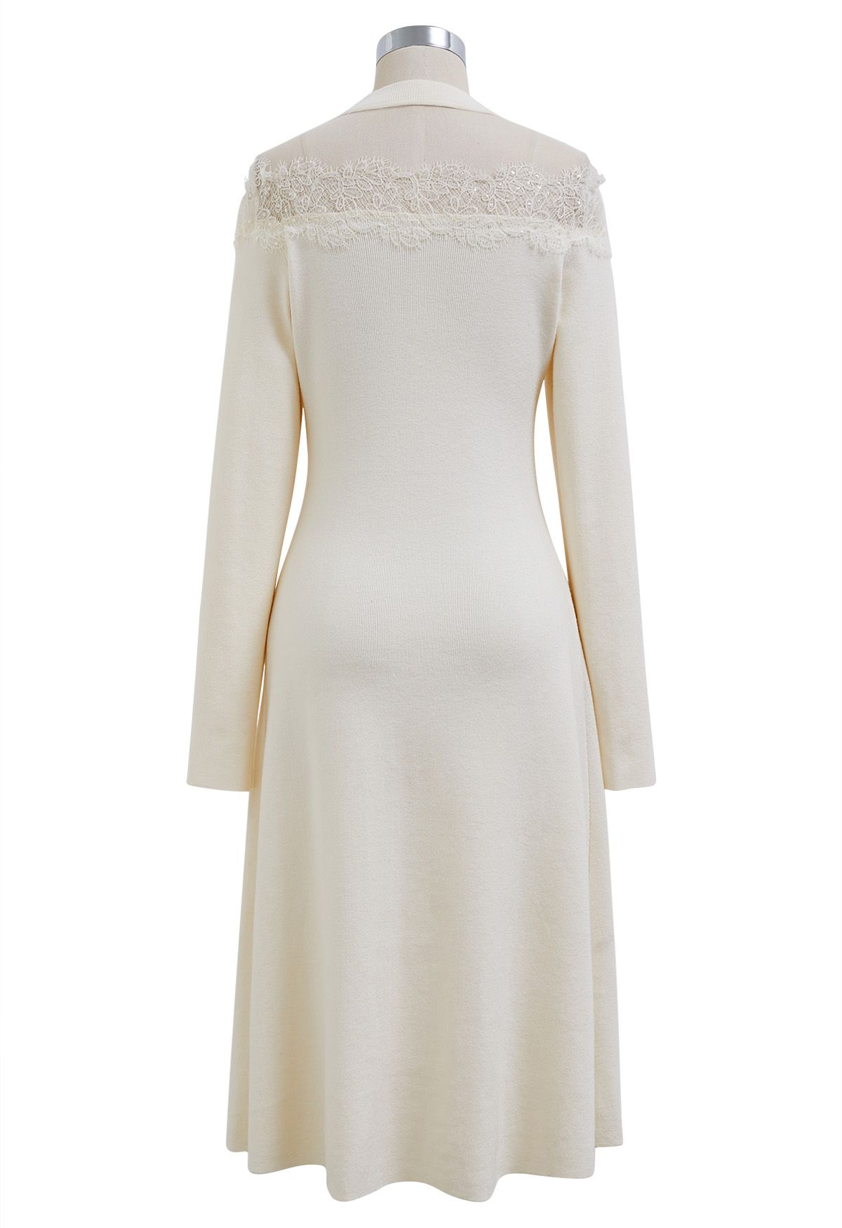 Lacy Mesh Spliced Knit Midi Dress in Ivory