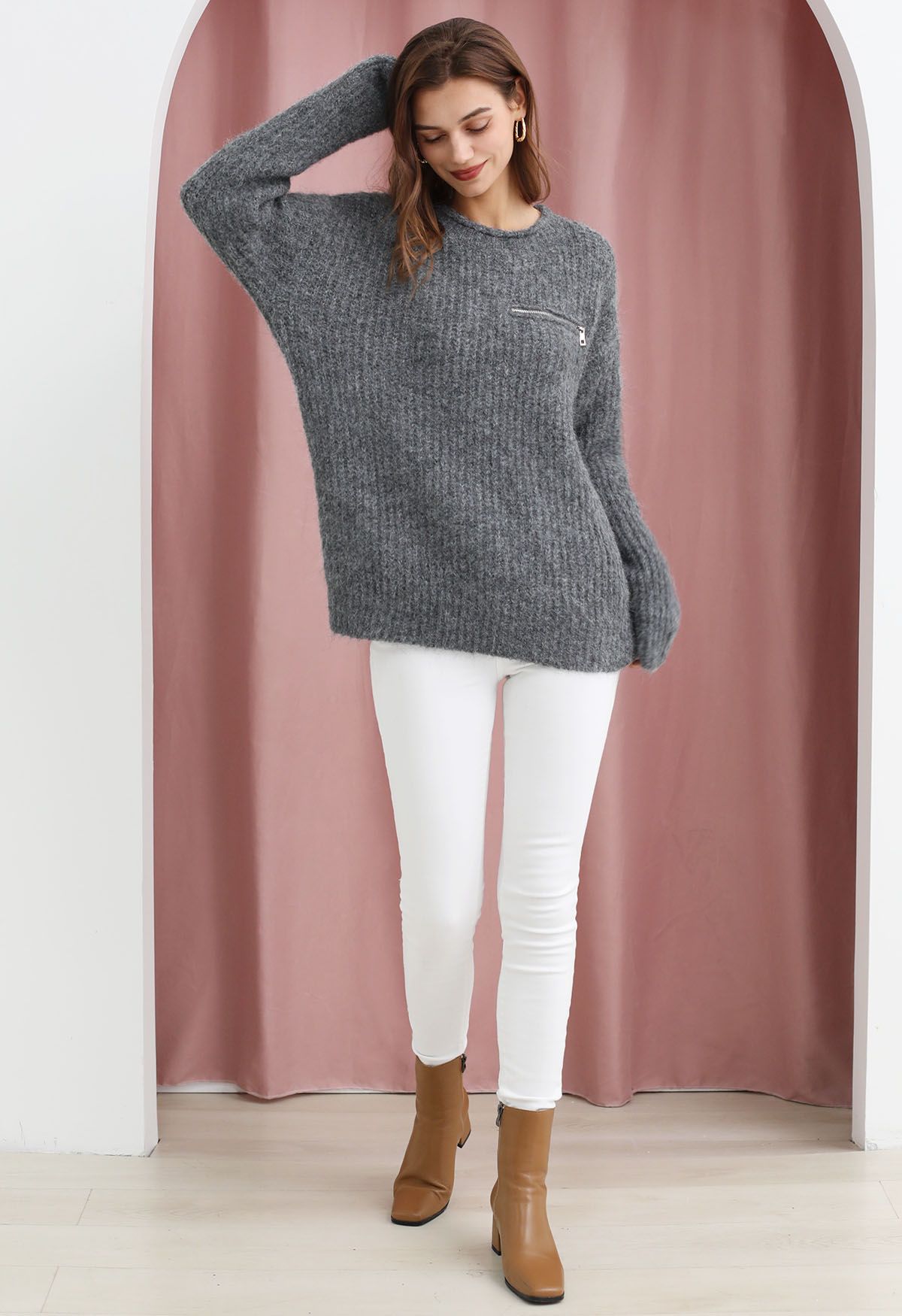 Zipper Decorated Fuzzy Knit Sweater in Grey