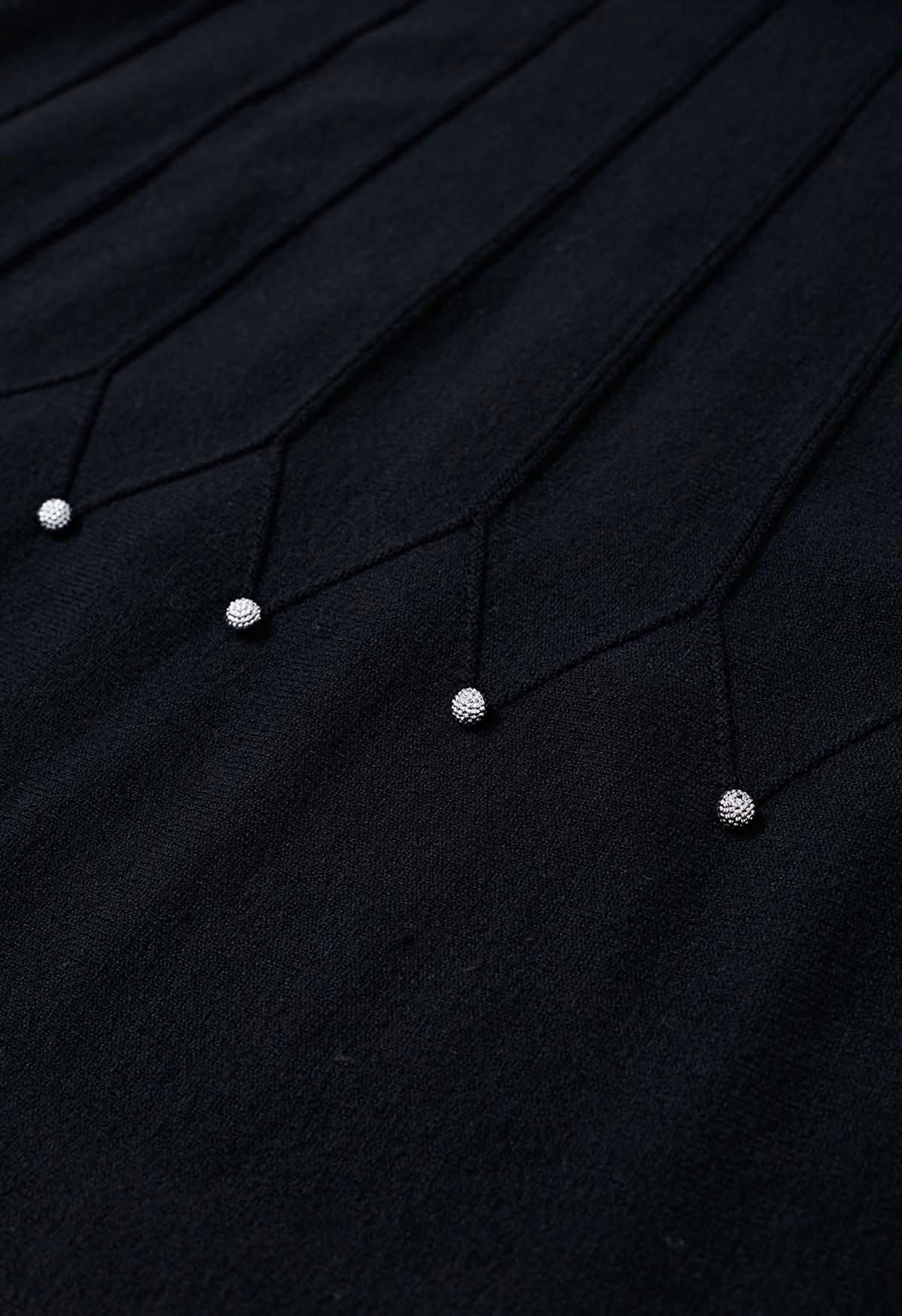 Silver Bead Embellished Seam Knit Midi Skirt in Black