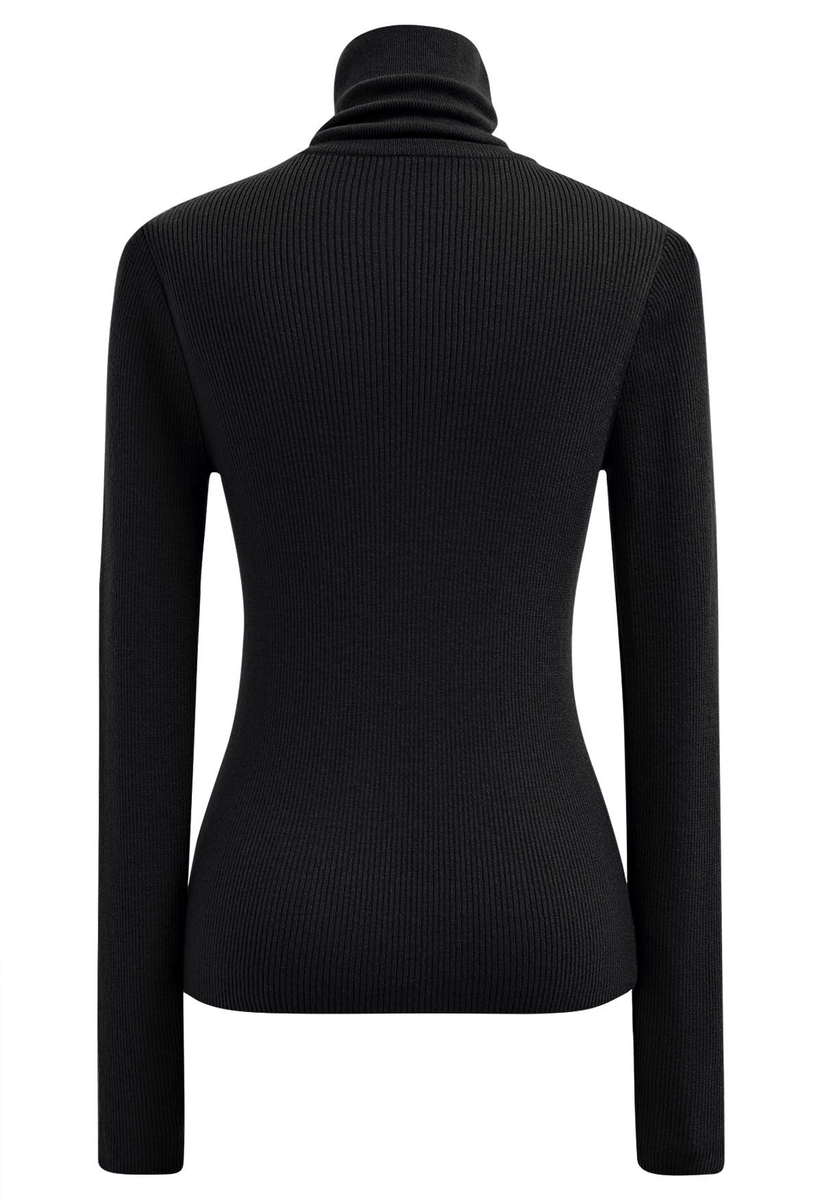 Fake Two-Piece High Neck Knit Top in Black