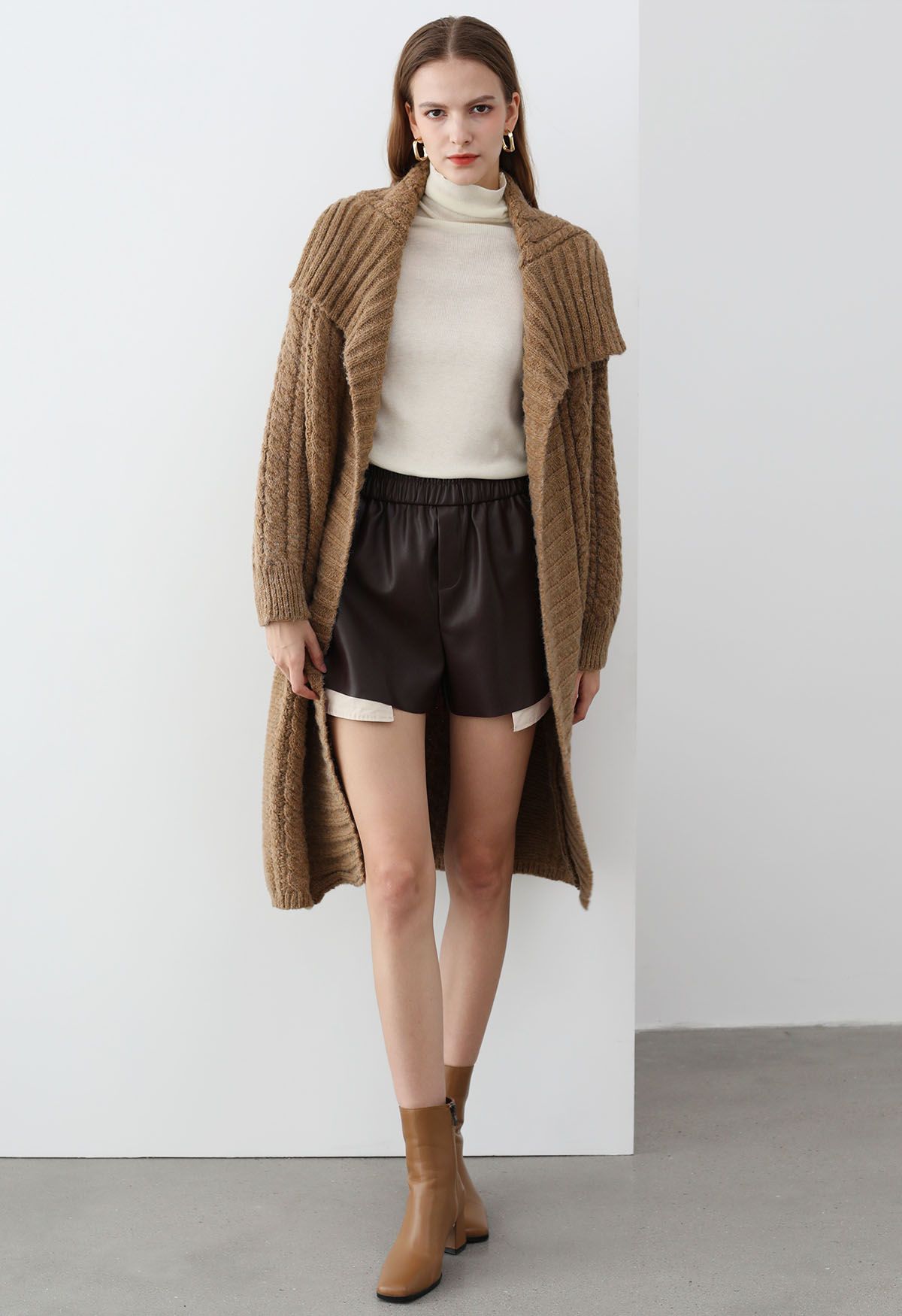 Flap Collar Cable Knit Longline Cardigan in Brown