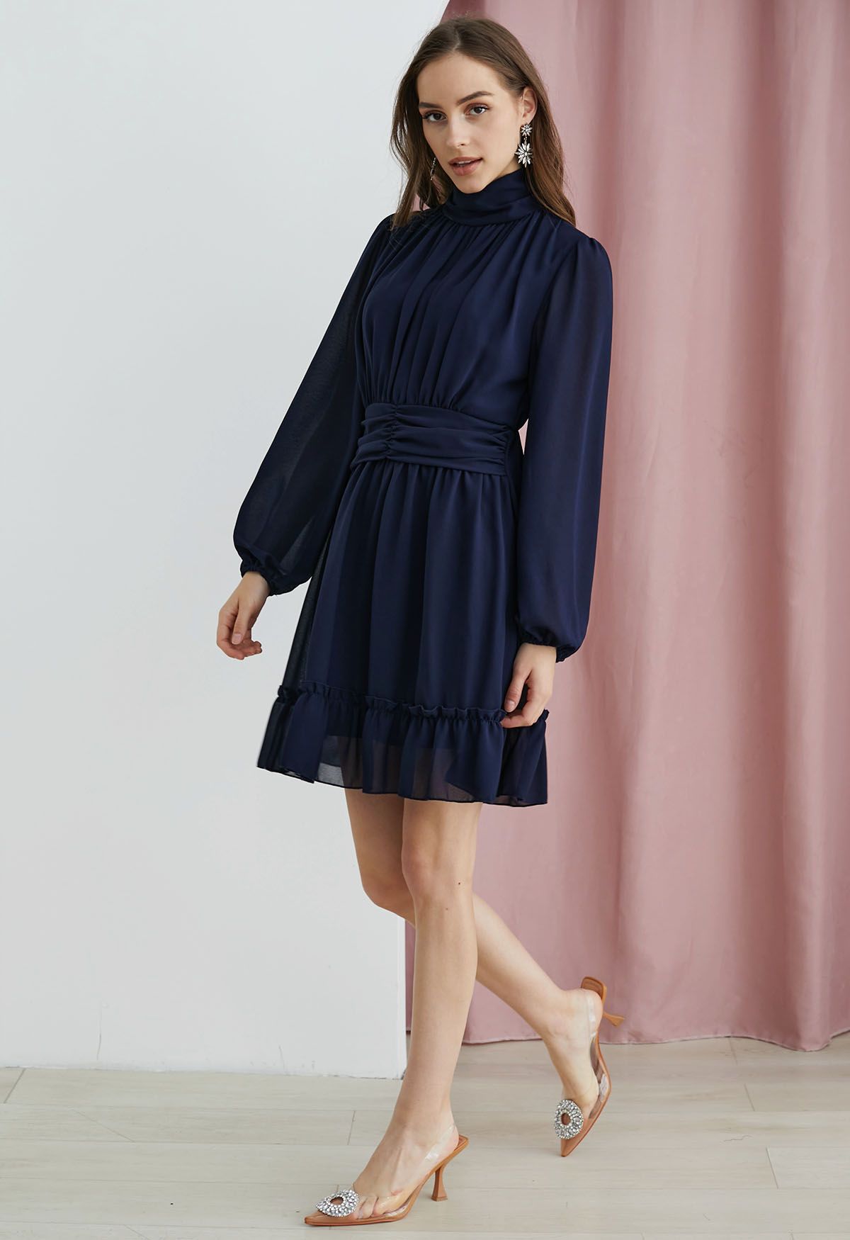 Mock Neck Ruched Waist Airy Chiffon Dress in Navy