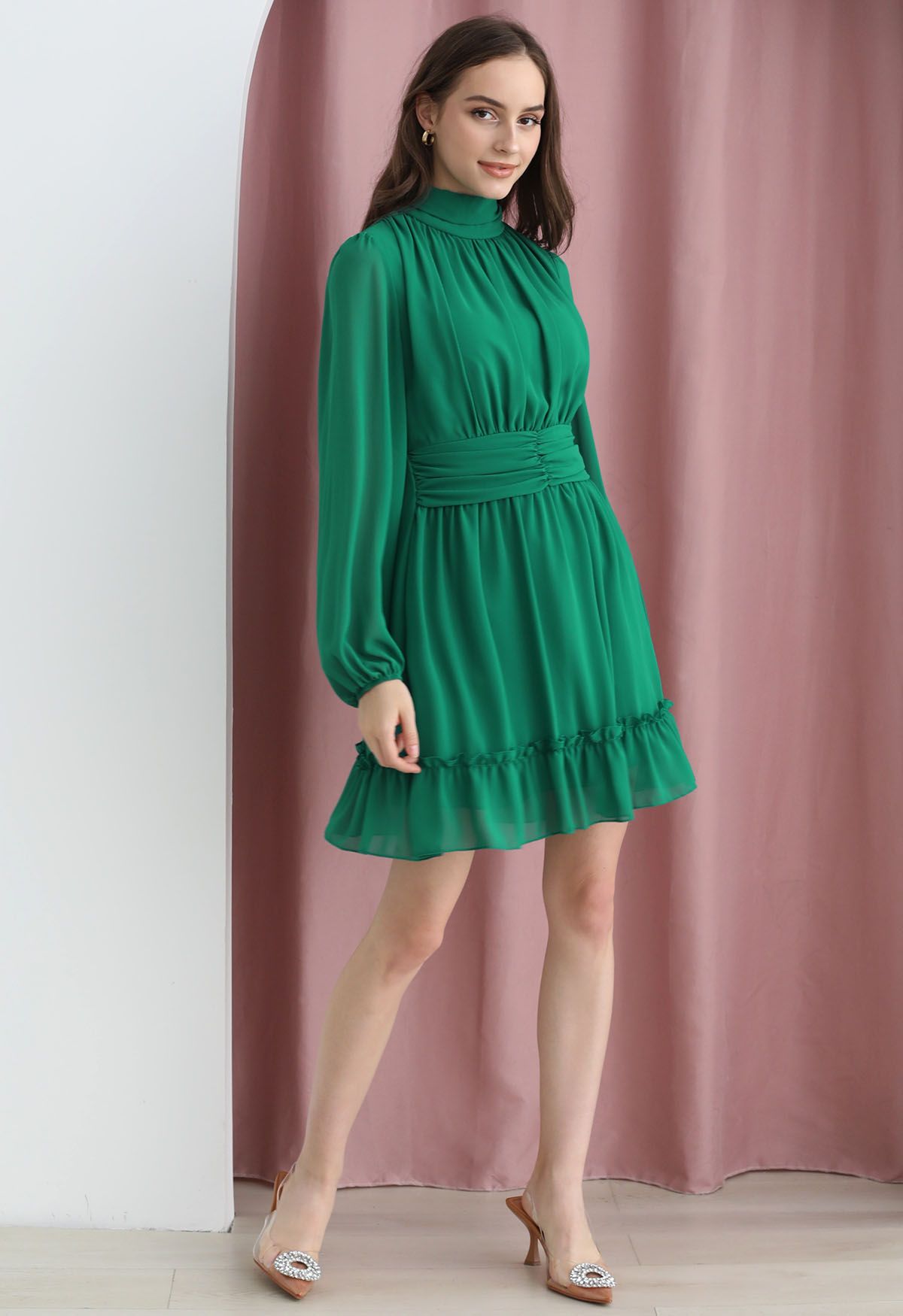 Mock Neck Ruched Waist Airy Chiffon Dress in Green