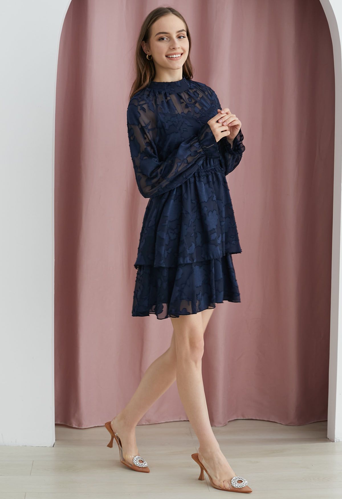 Floral Jacquard Mesh Tiered Mini Dress in Navy