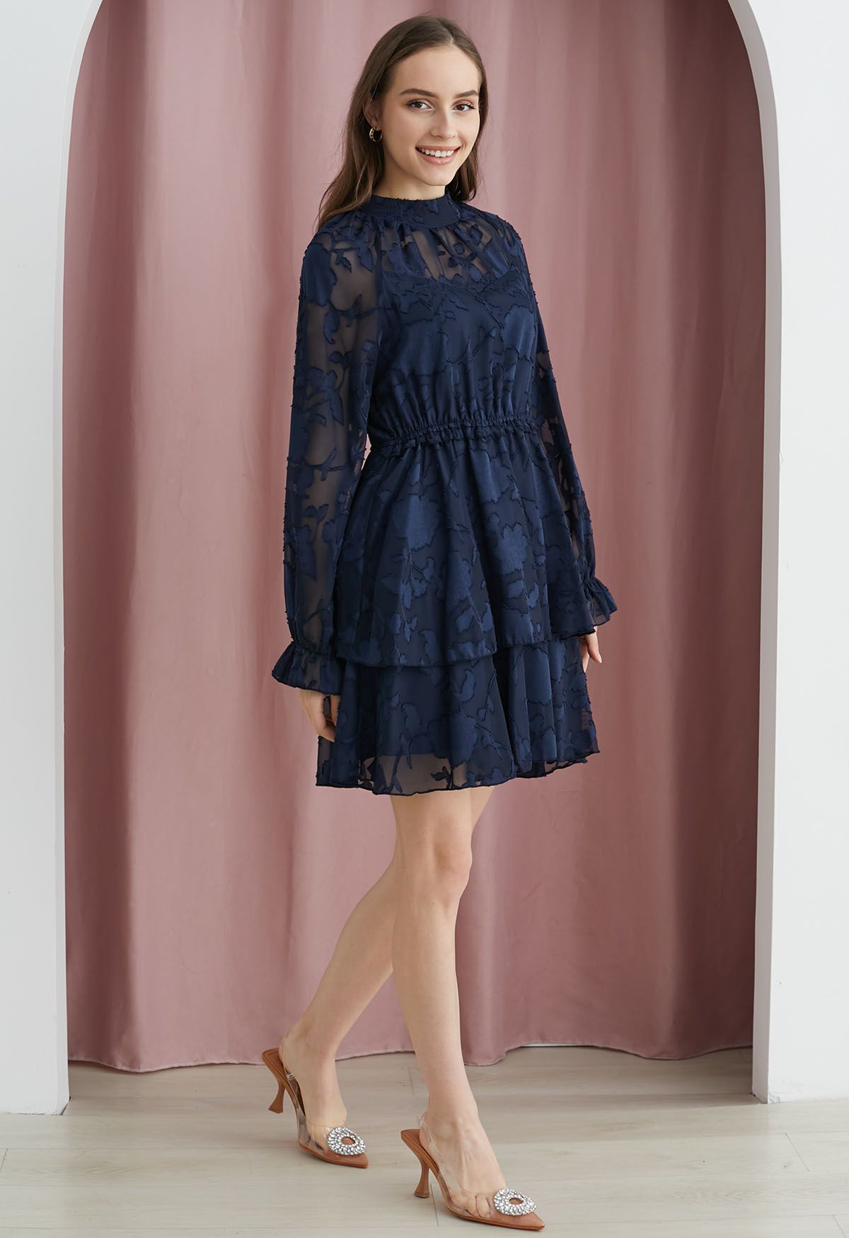 Floral Jacquard Mesh Tiered Mini Dress in Navy