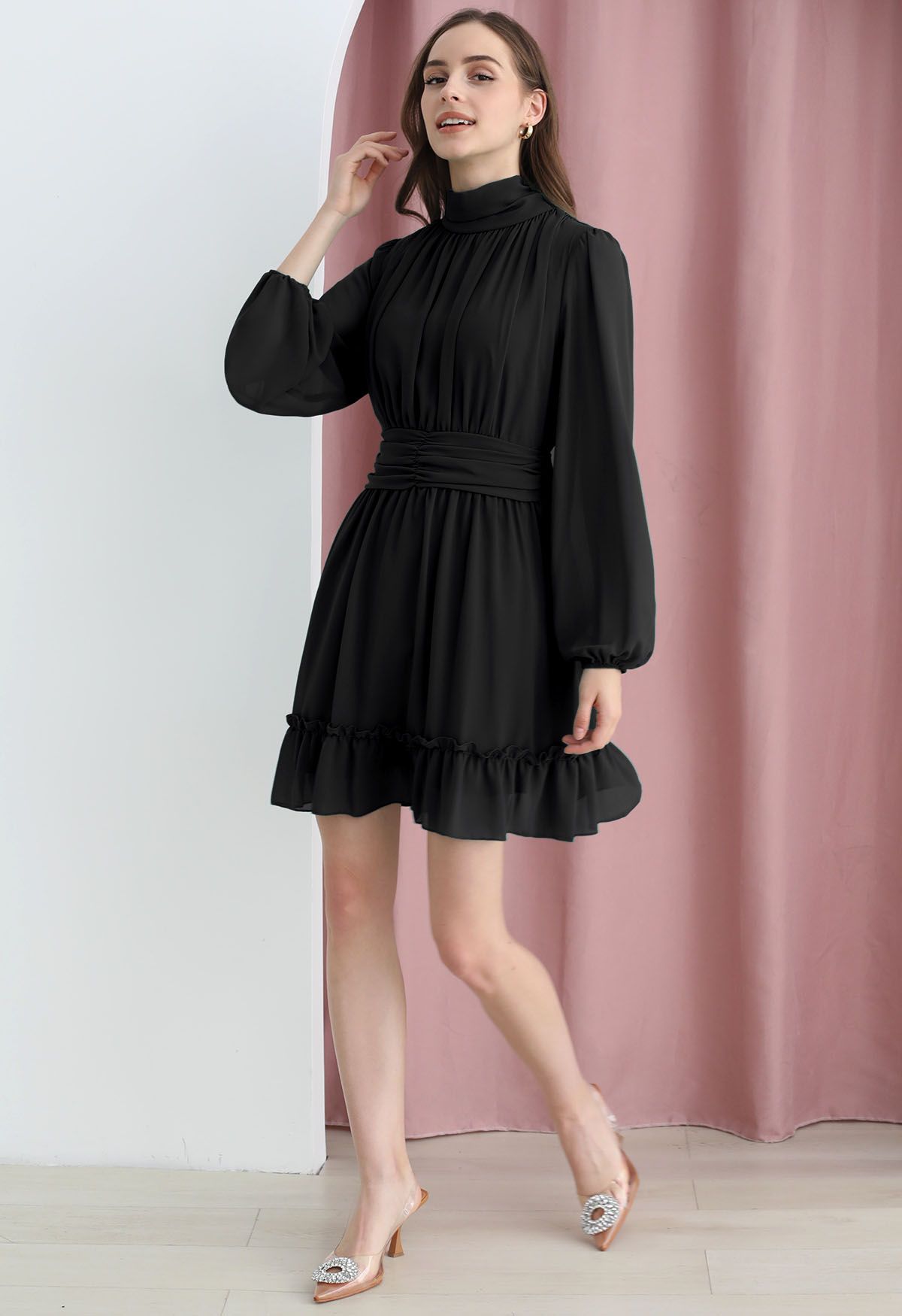 Mock Neck Ruched Waist Airy Chiffon Dress in Black