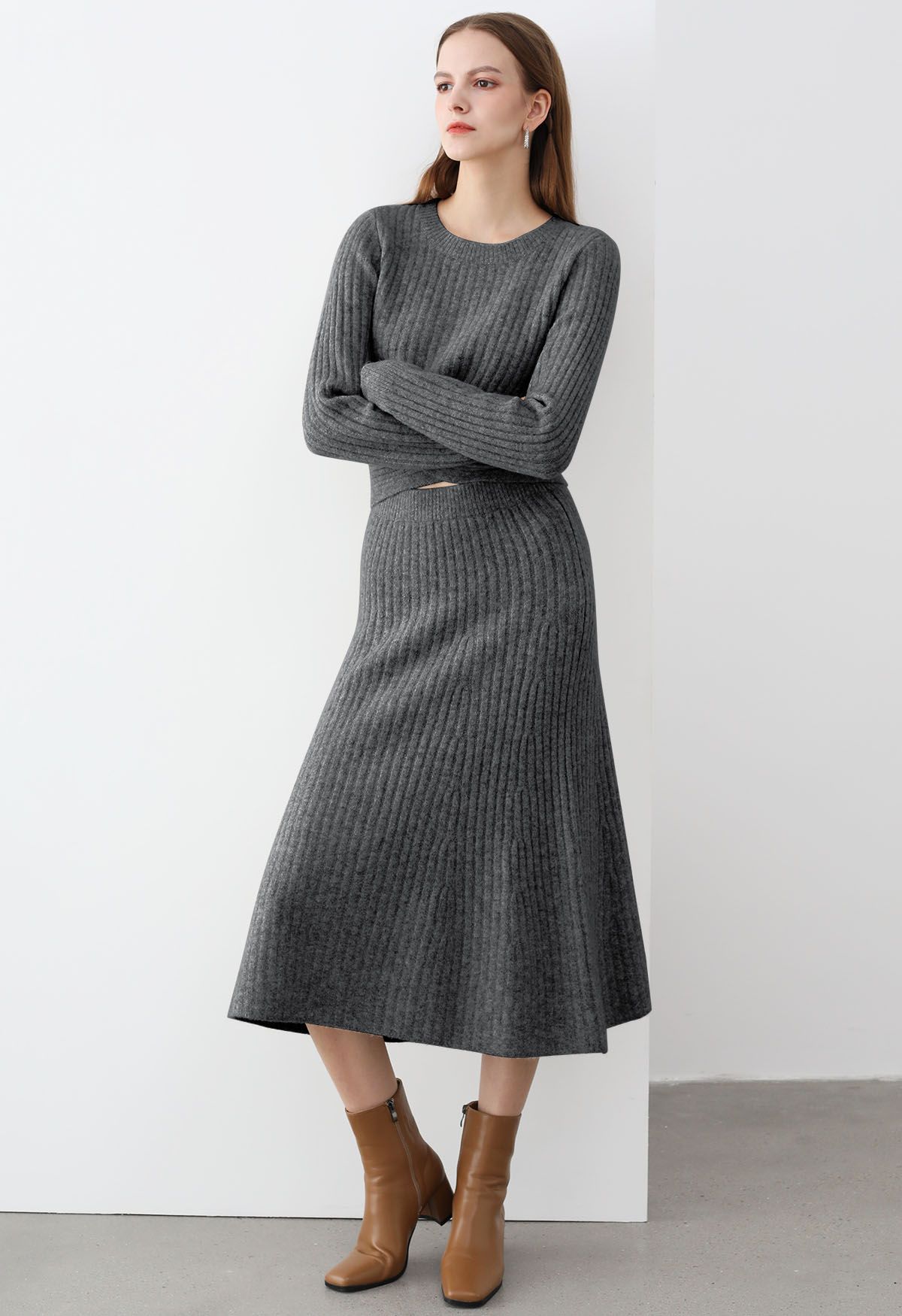 Cross Waist Wool-Blend Top and Skirt Set in Smoke