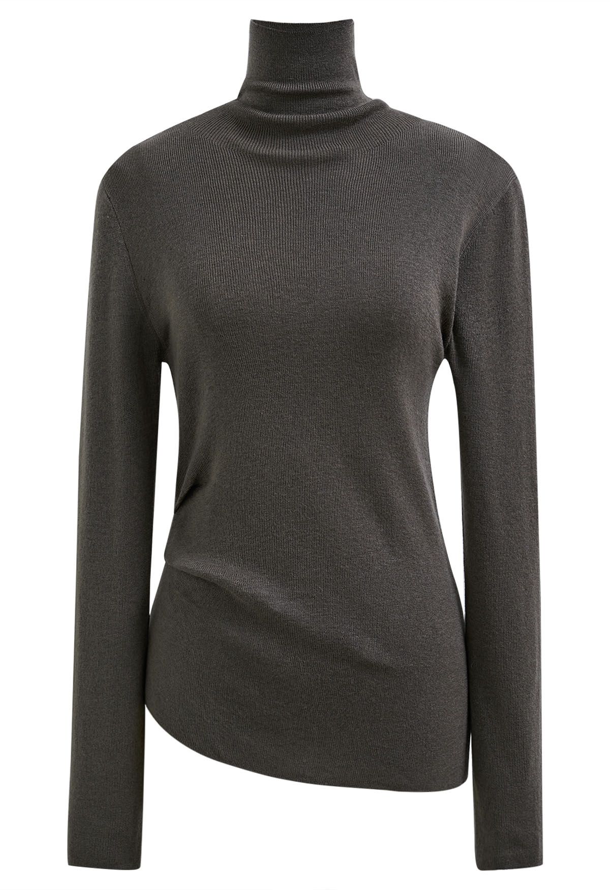 Side Pleat High Neck Ribbed Knit Top in Smoke