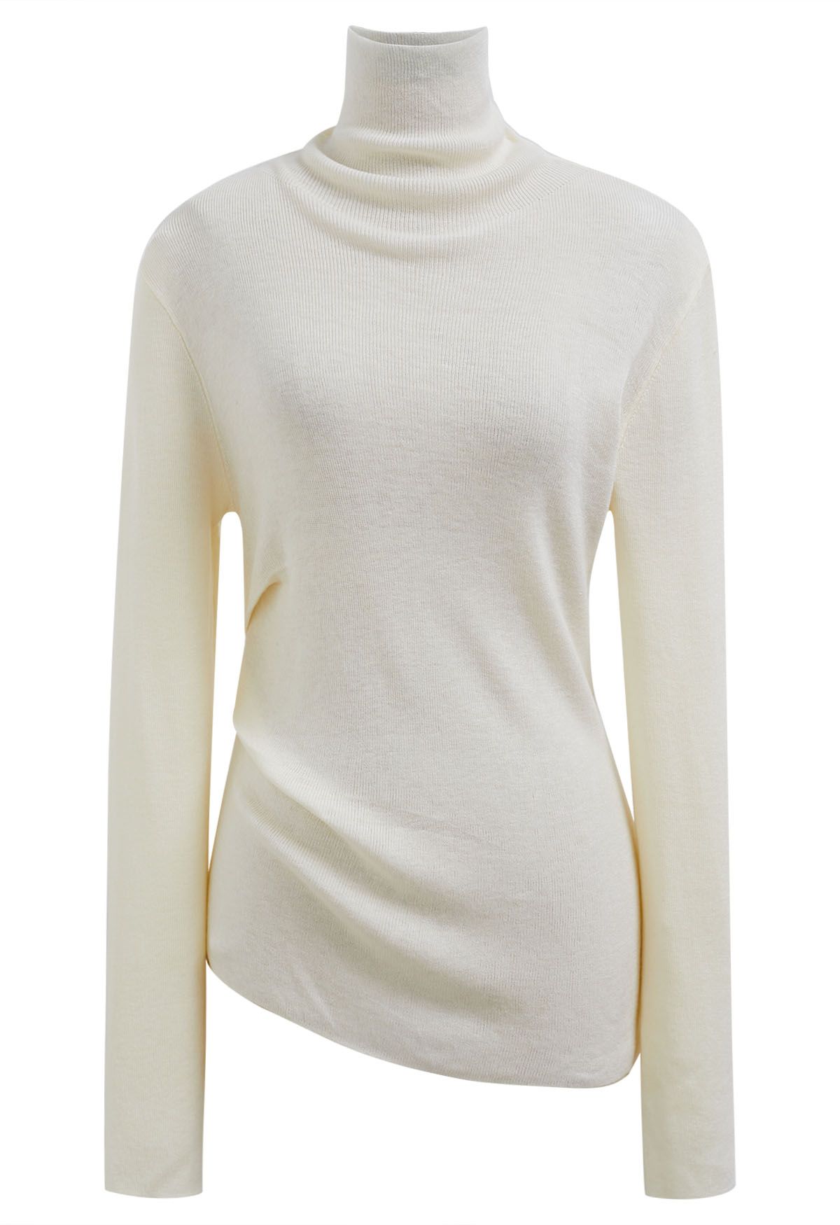 Side Pleat High Neck Ribbed Knit Top in Cream