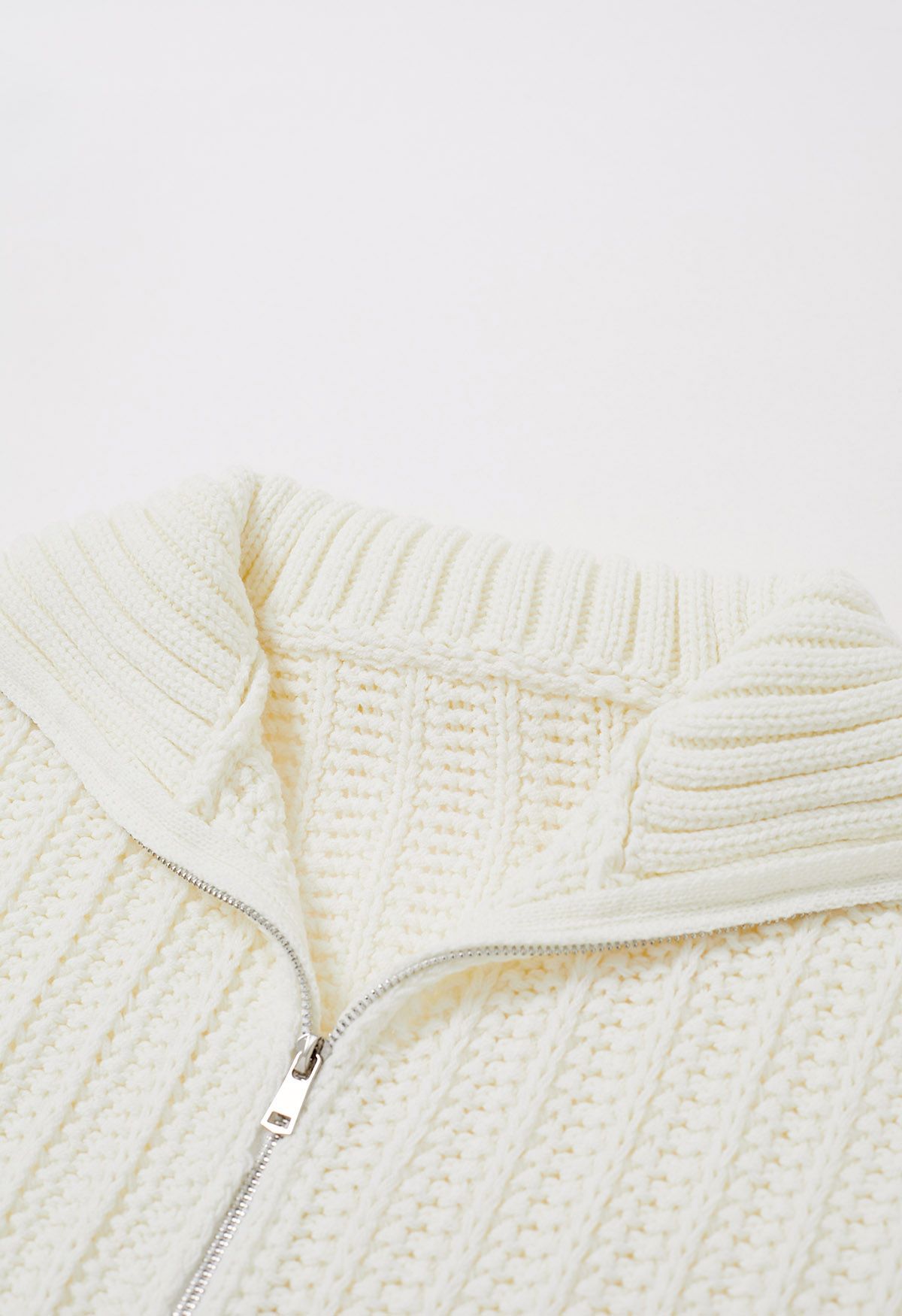 High Neck Chunky Knit Zip Up Cardigan in White