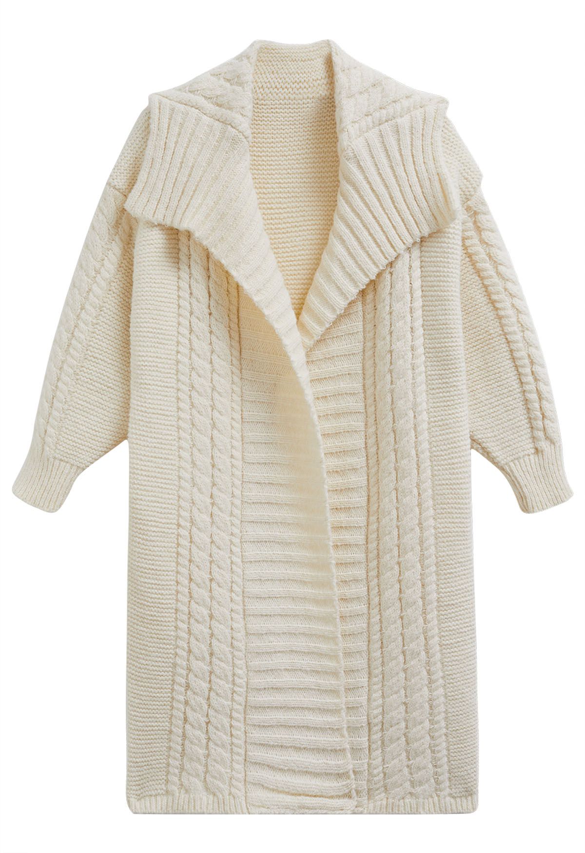 Flap Collar Cable Knit Longline Cardigan in Cream