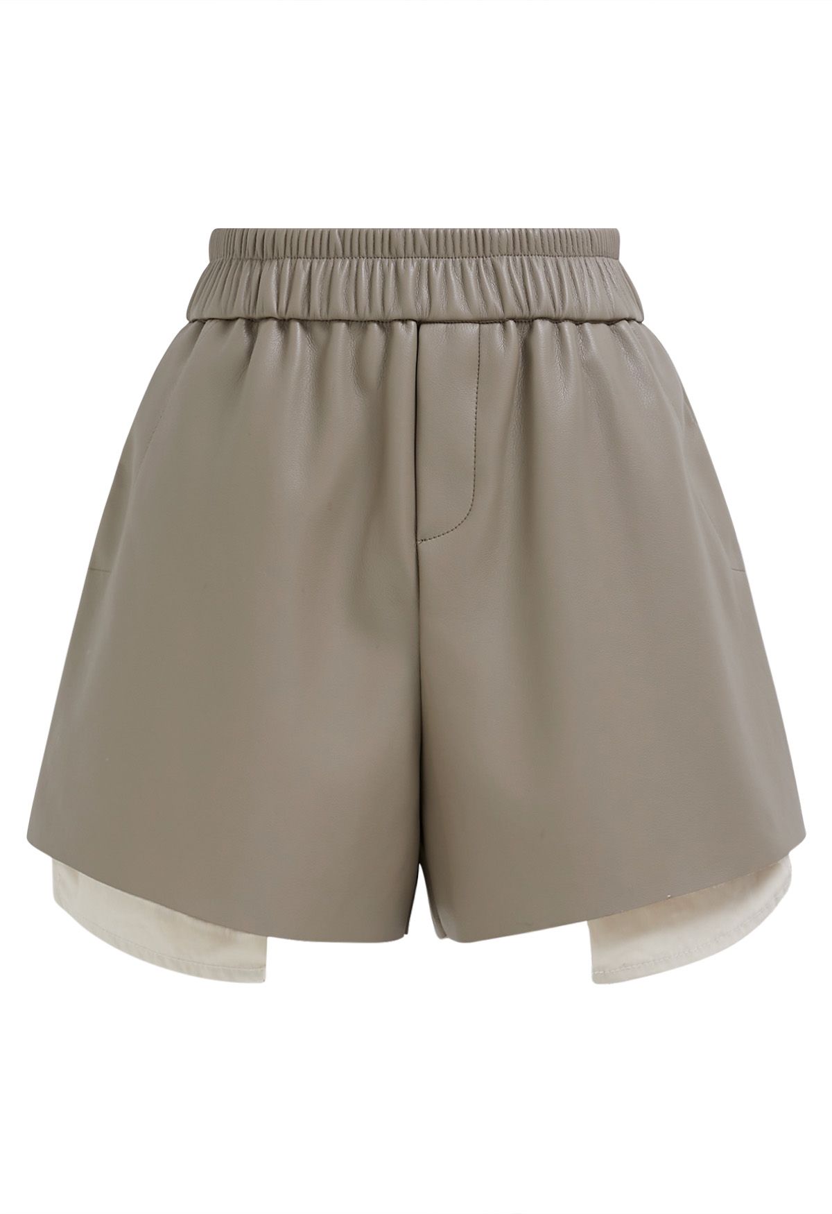Contrast Hem Faux Leather Shorts in Taupe