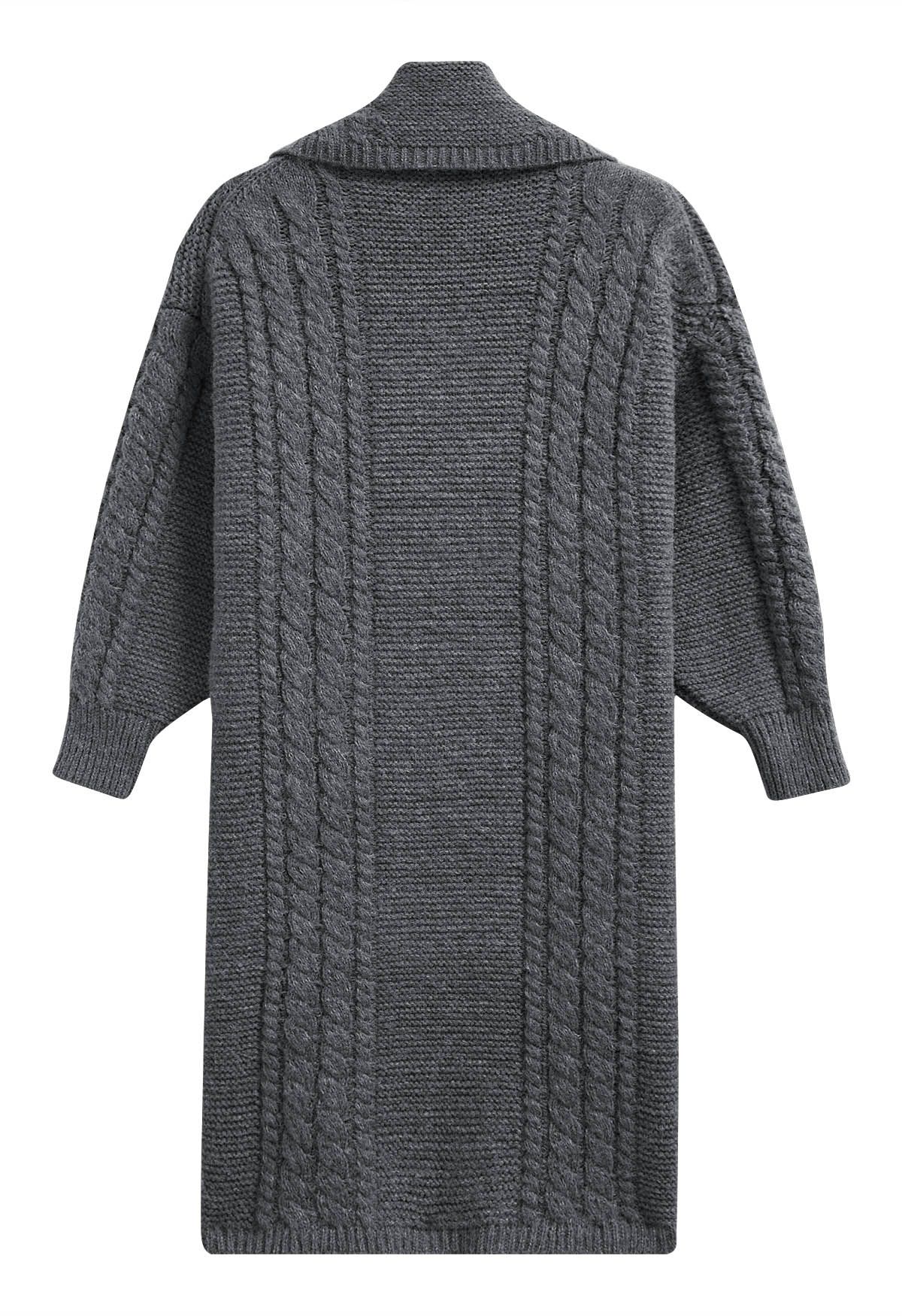 Flap Collar Cable Knit Longline Cardigan in Grey