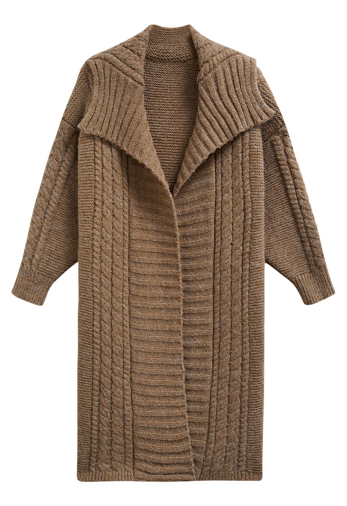 Flap Collar Cable Knit Longline Cardigan in Brown